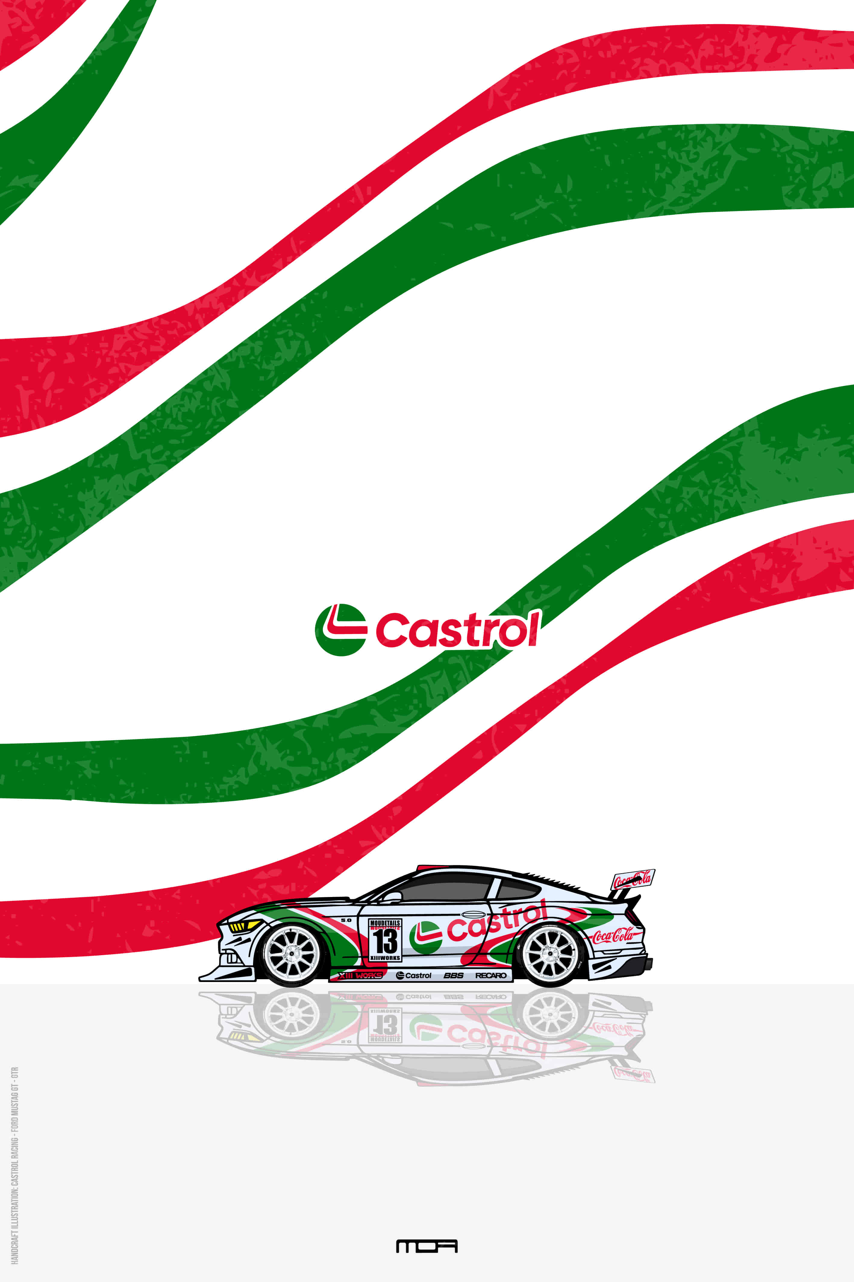 Póster de pared del Ford Mustang con el livery de Castrol, un diseño de estilo retro para personalización y decoración de MOA-Grafics.