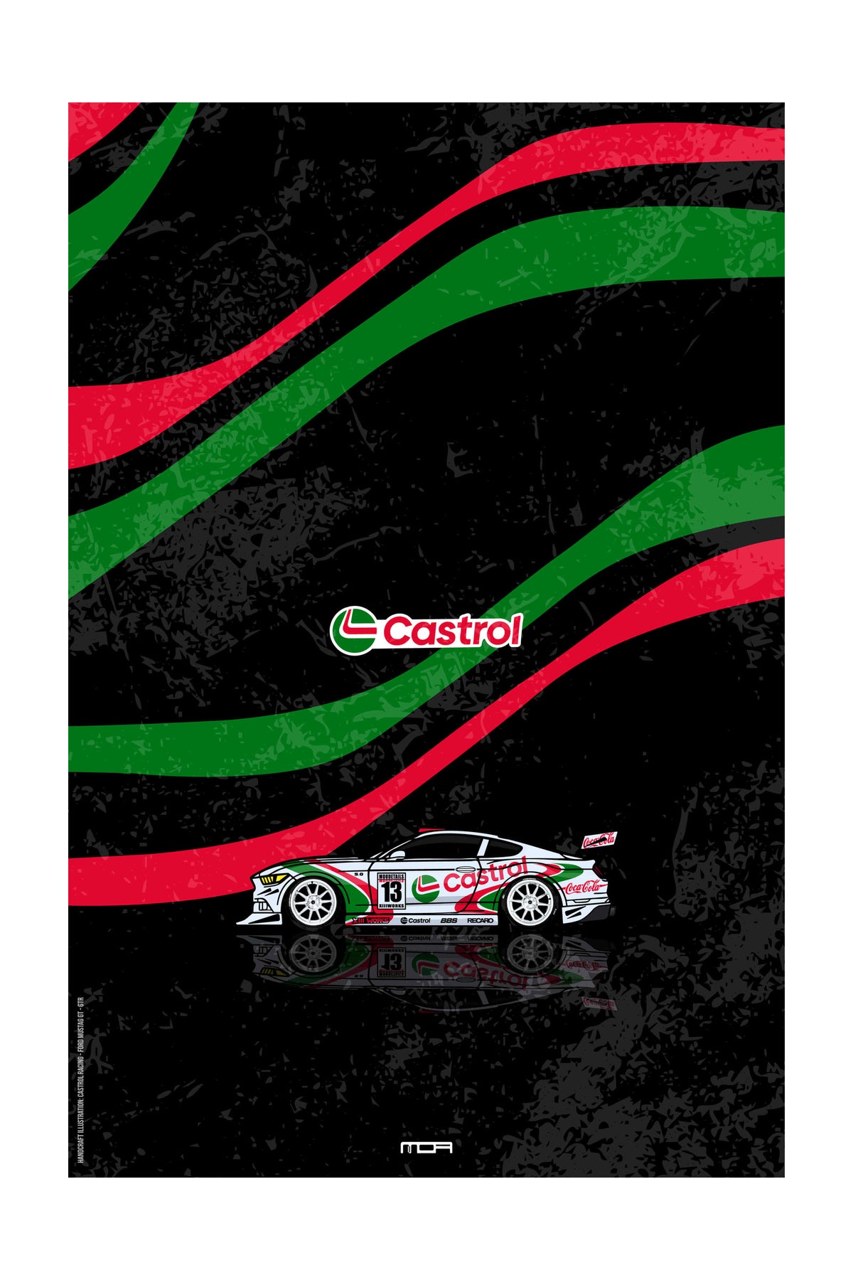 Póster de pared con el Ford Mustang y livery Castrol sobre fondo negro, un diseño de estilo retro racing para personalización de MOA-Grafics.