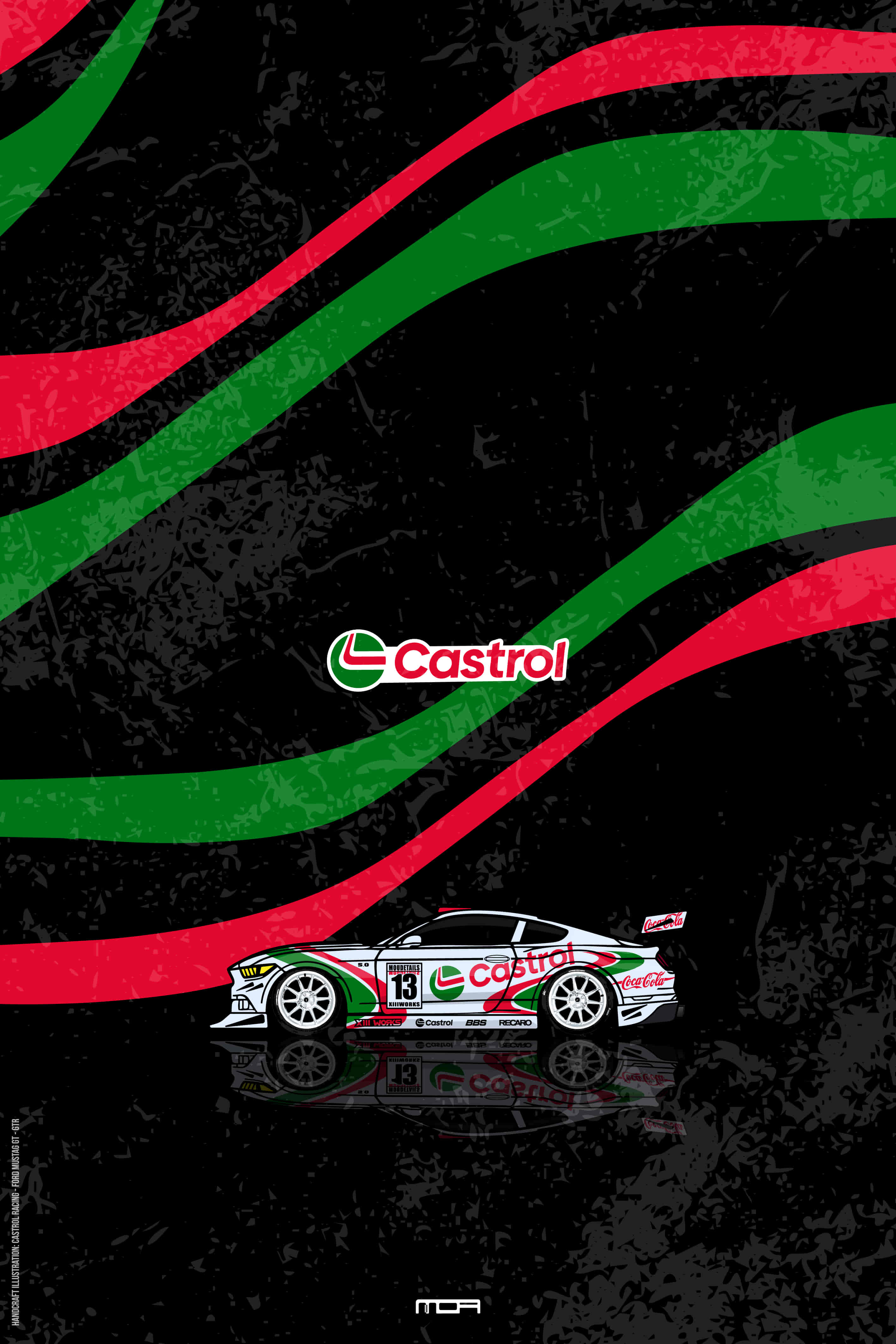 Póster de pared con el Ford Mustang y livery Castrol sobre fondo negro, un diseño de estilo retro racing para personalización de MOA-Grafics.