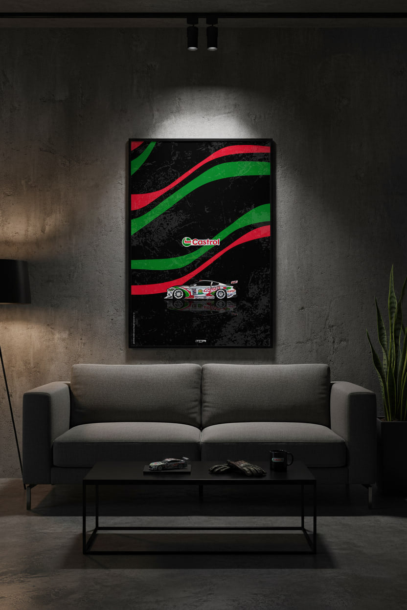 Póster enmarcado del Ford Mustang Castrol en una pared oscura, una pieza decorativa de estilo racing para un salón por MOA-Grafics.
