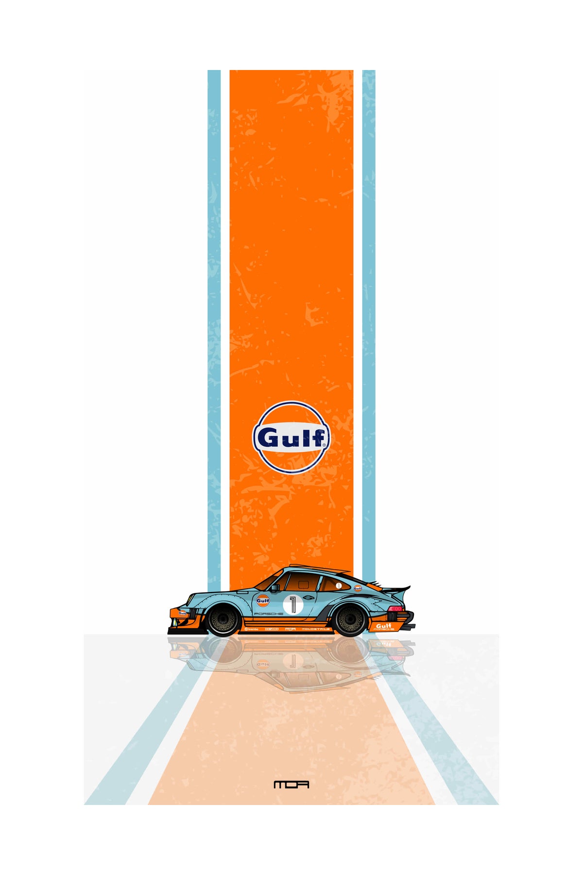 Póster de pared del Porsche 911 con el livery de Gulf Racing, un diseño de estilo retro para personalización y decoración de MOA-Grafics.