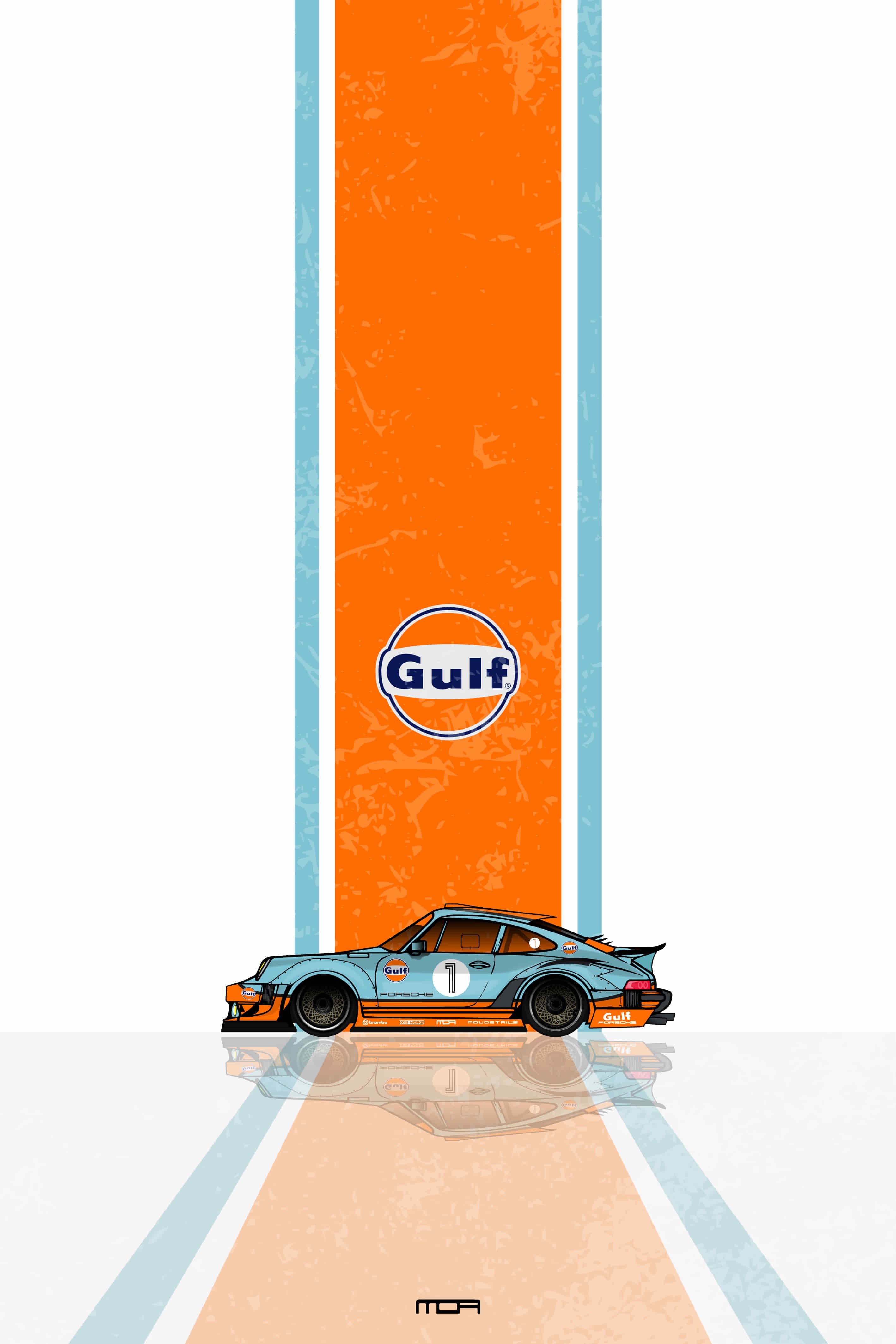 Póster de pared del Porsche 911 con el livery de Gulf Racing, un diseño de estilo retro para personalización y decoración de MOA-Grafics.