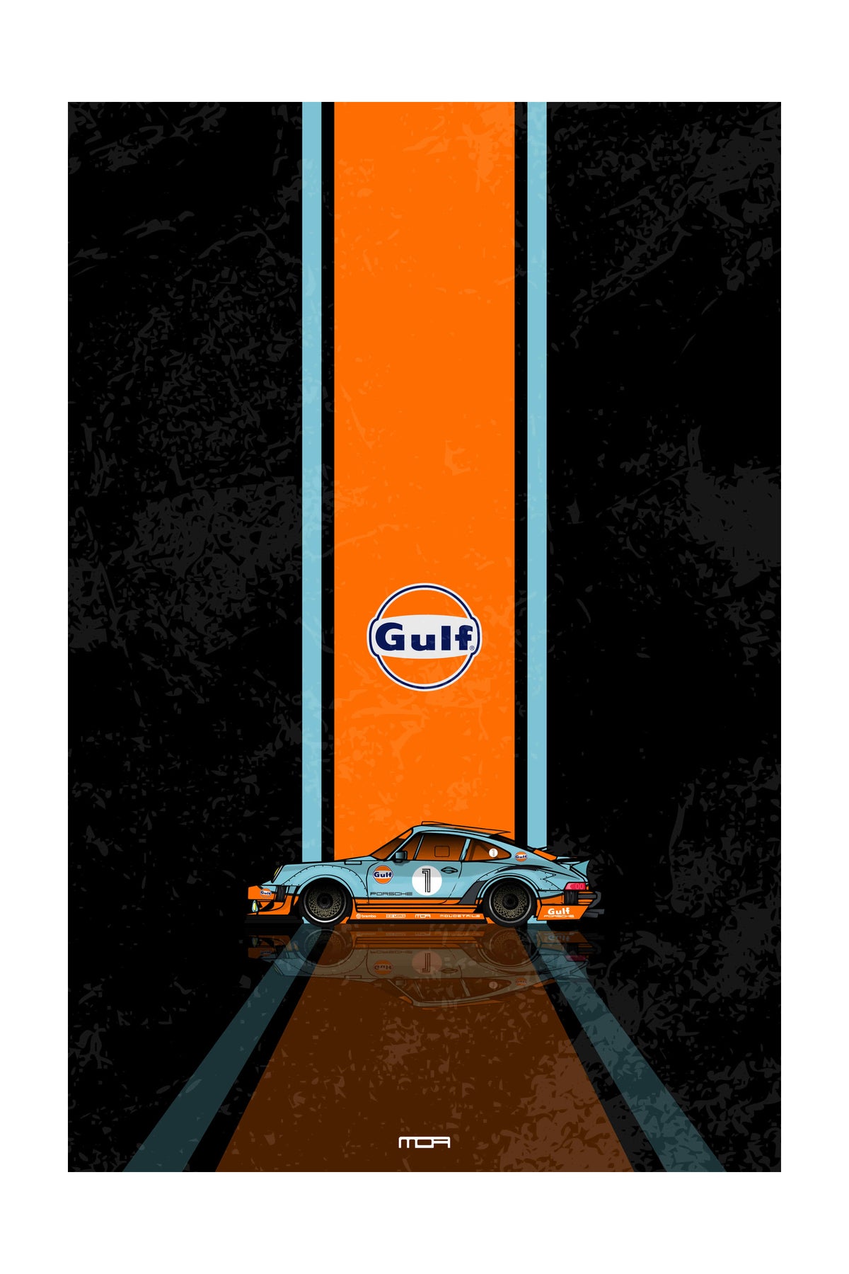 Póster de pared con el Porsche 911 y livery Gulf Racing sobre fondo negro, un diseño de estilo retro racing para personalización de MOA-Grafics.