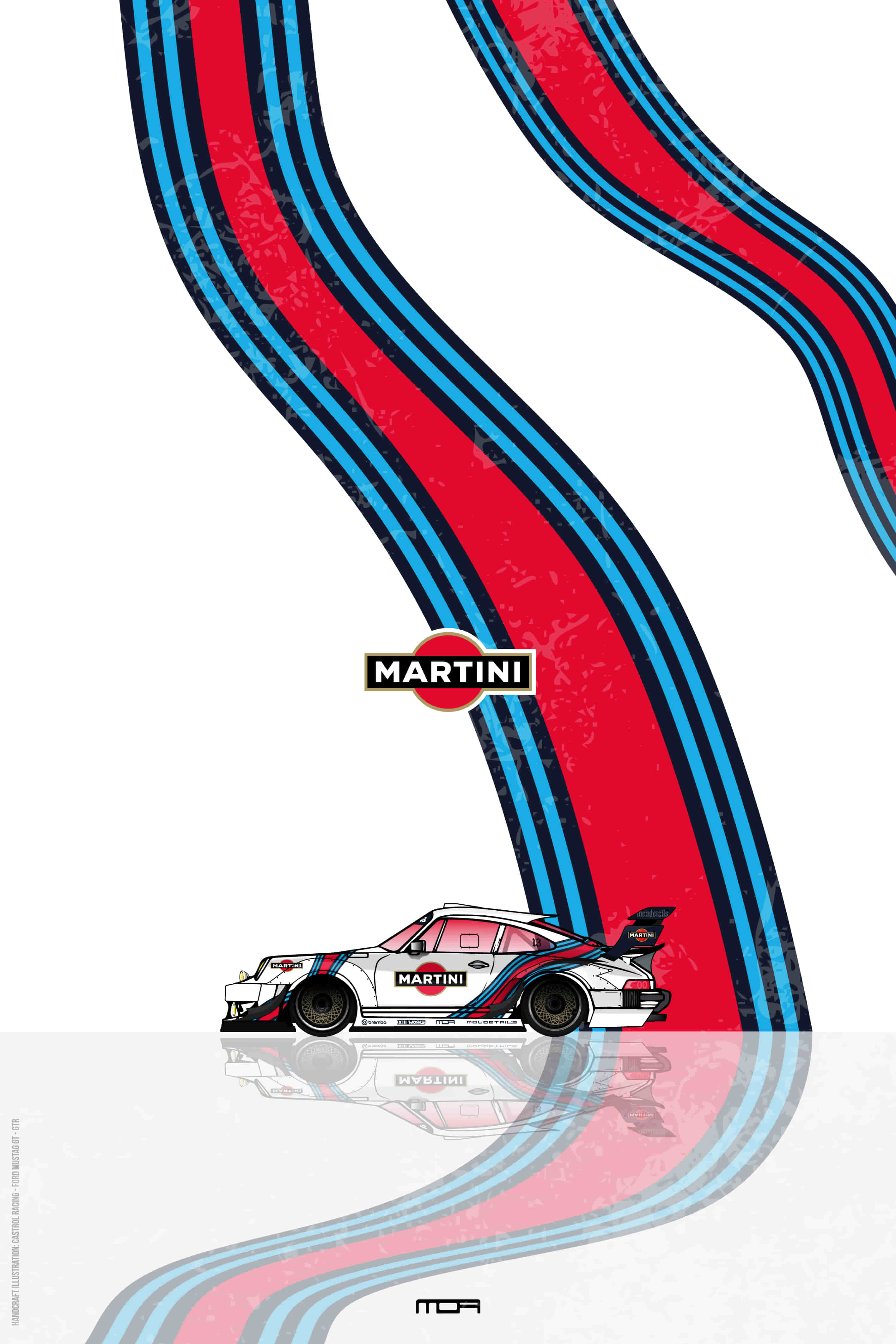 Póster de pared del Porsche 911 con el livery de Martini Racing, un diseño de estilo retro para personalización y decoración de MOA-Grafics.