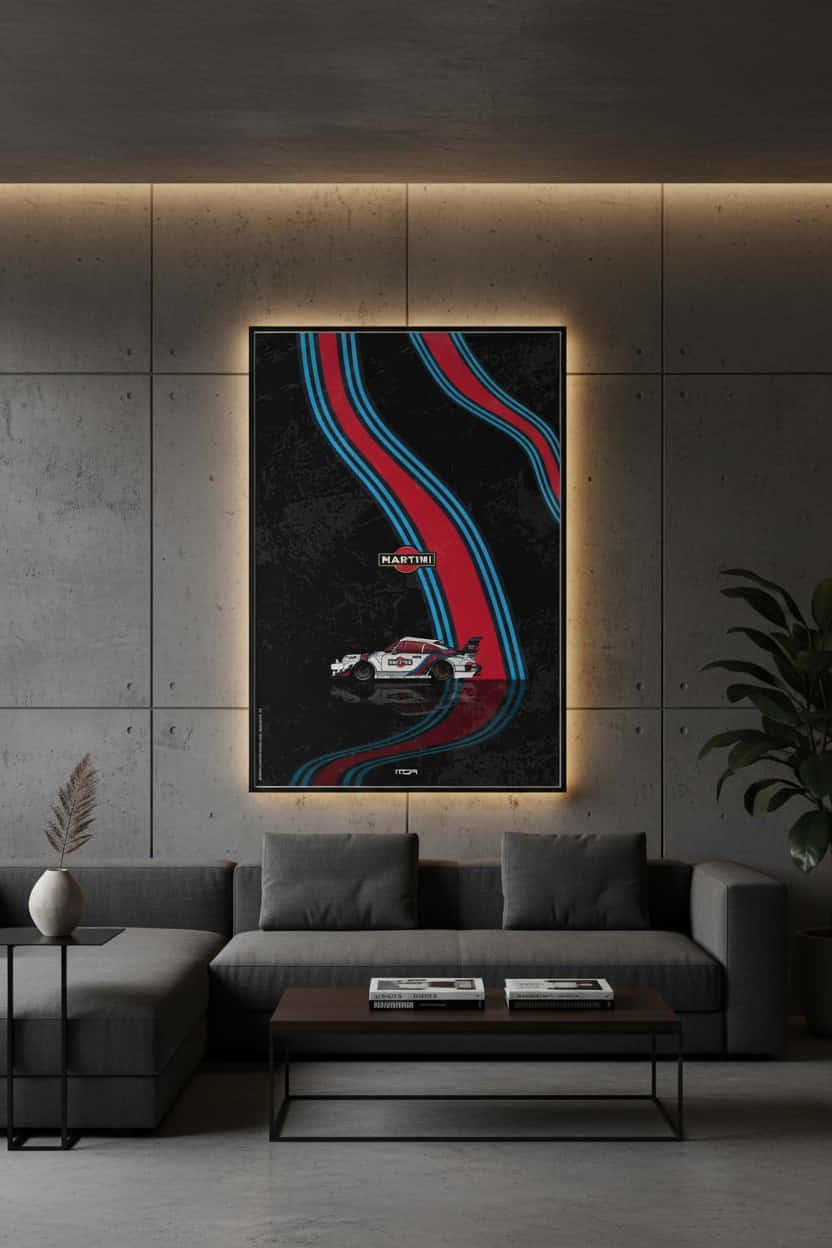 Póster enmarcado del Porsche 911 Martini Racing en una pared oscura, una pieza decorativa de estilo racing para un salón por MOA-Grafics.