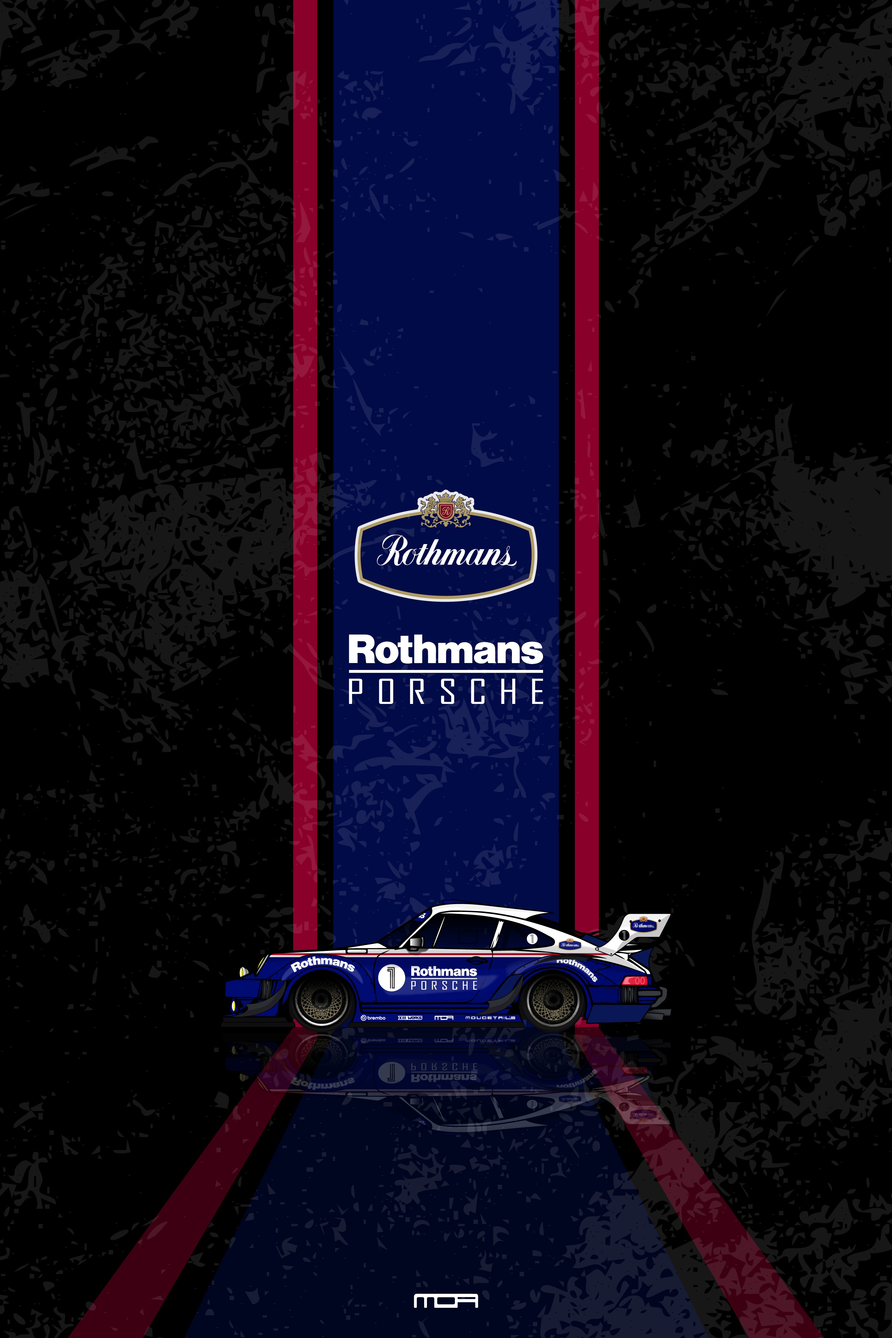 Póster de pared con el Porsche 911 Rothmans sobre fondo negro, un diseño de estilo retro racing para personalización de MOA-Grafics.