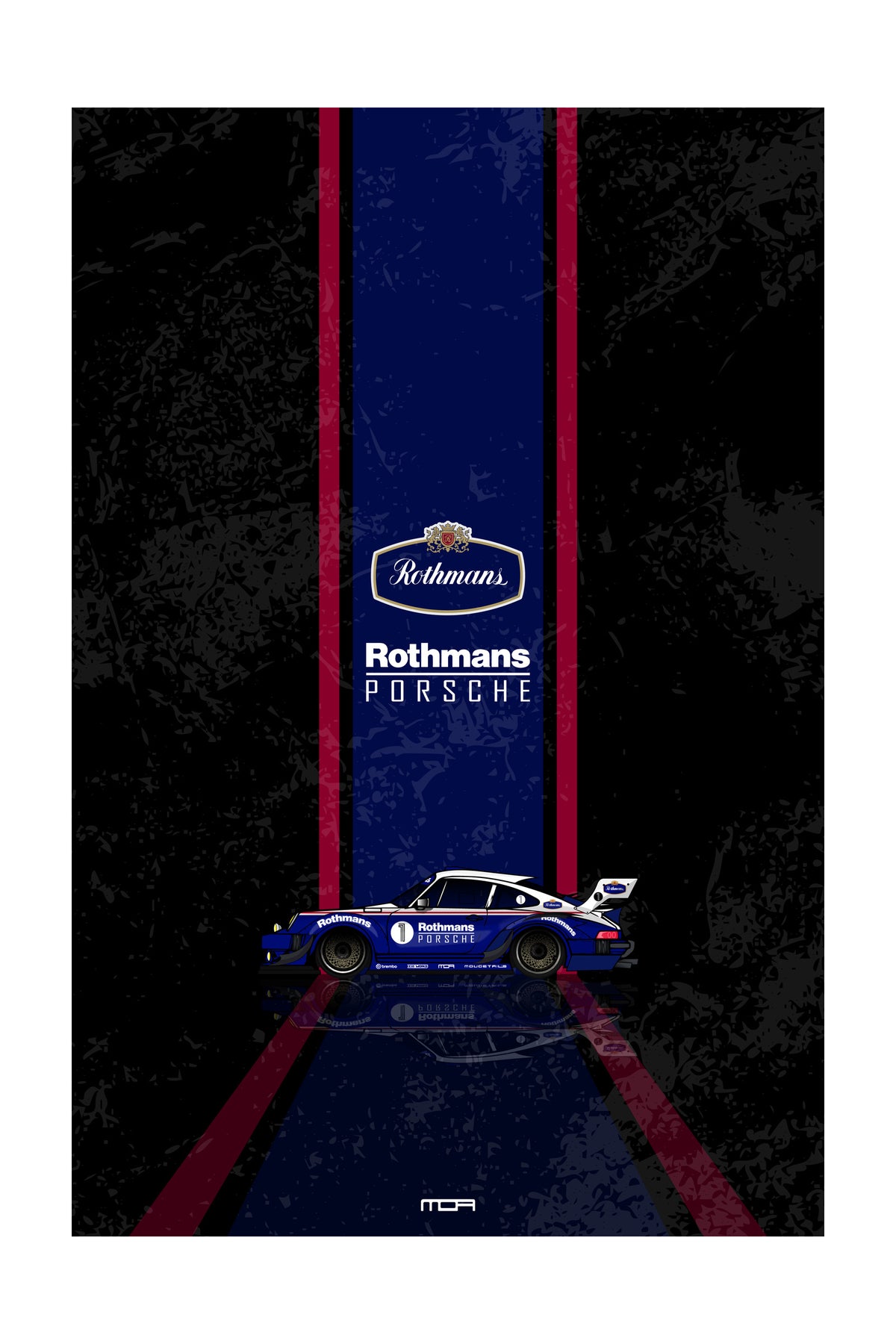 Póster de pared con el Porsche 911 Rothmans sobre fondo negro, un diseño de estilo retro racing para personalización de MOA-Grafics.
