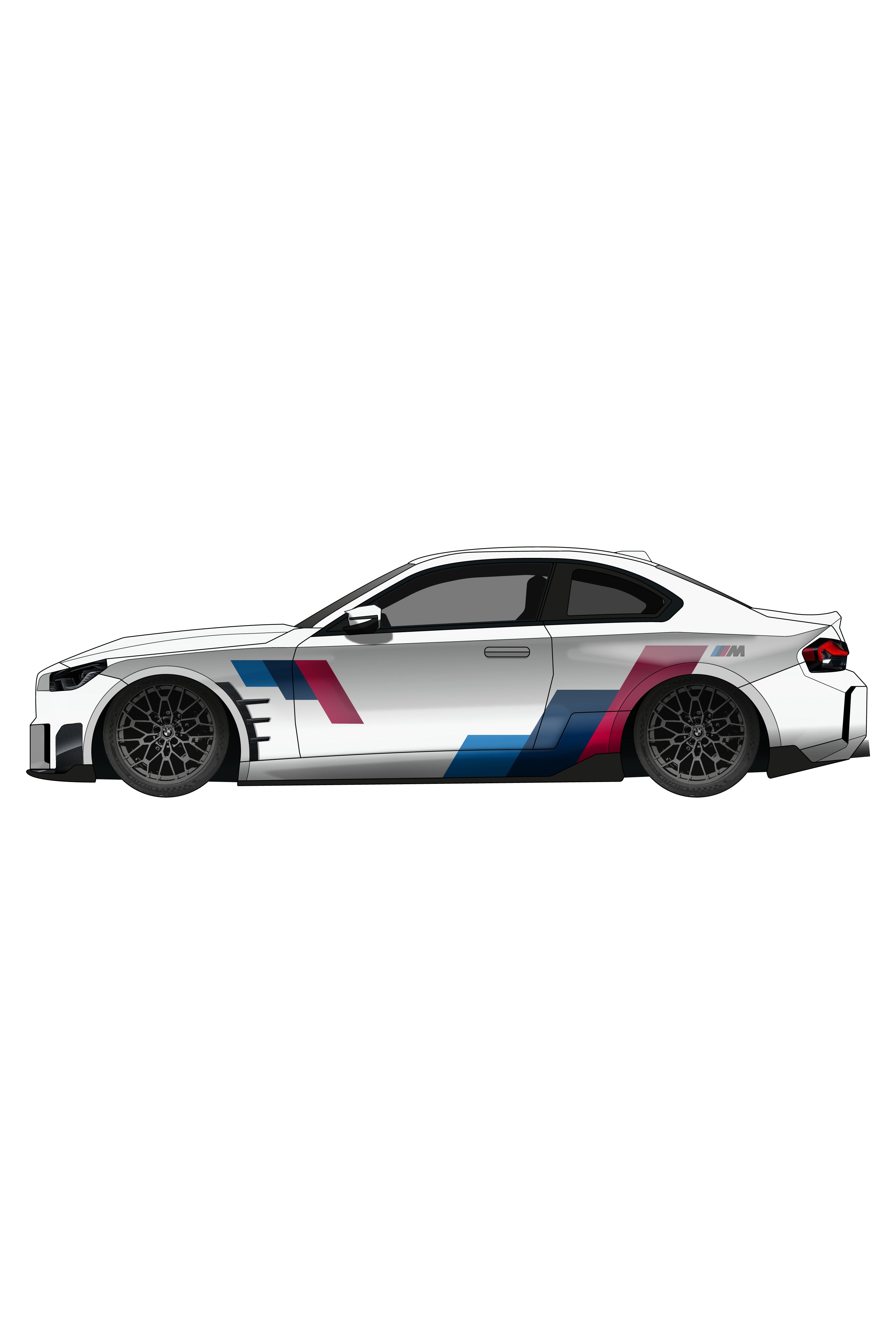 Render digital de la aplicación del Kit de Vinilo Techo y Capó BMW Tri-Color Stripes. Esta simulación ayuda a los clientes a previsualizar la instalación de las franjas de tres colores en las zonas superiores del vehículo antes de la compra del vinilo.