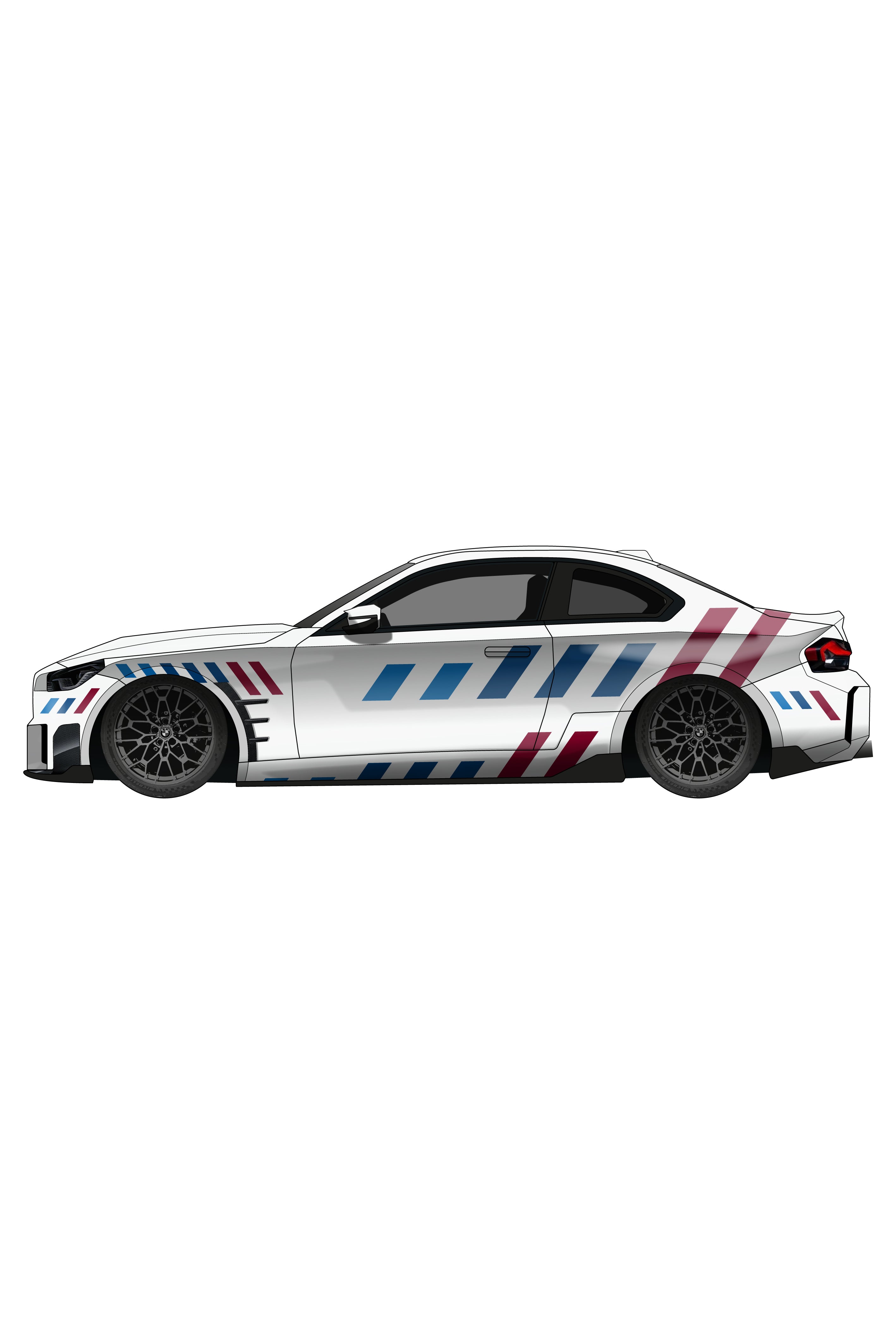 Render digital de la aplicación del Kit de Vinilo Franjas Racing Stripes en un BMW. Esta simulación visual es perfecta para evaluar la apariencia deportiva del vinilo en el capó y techo antes de realizar la compra final.