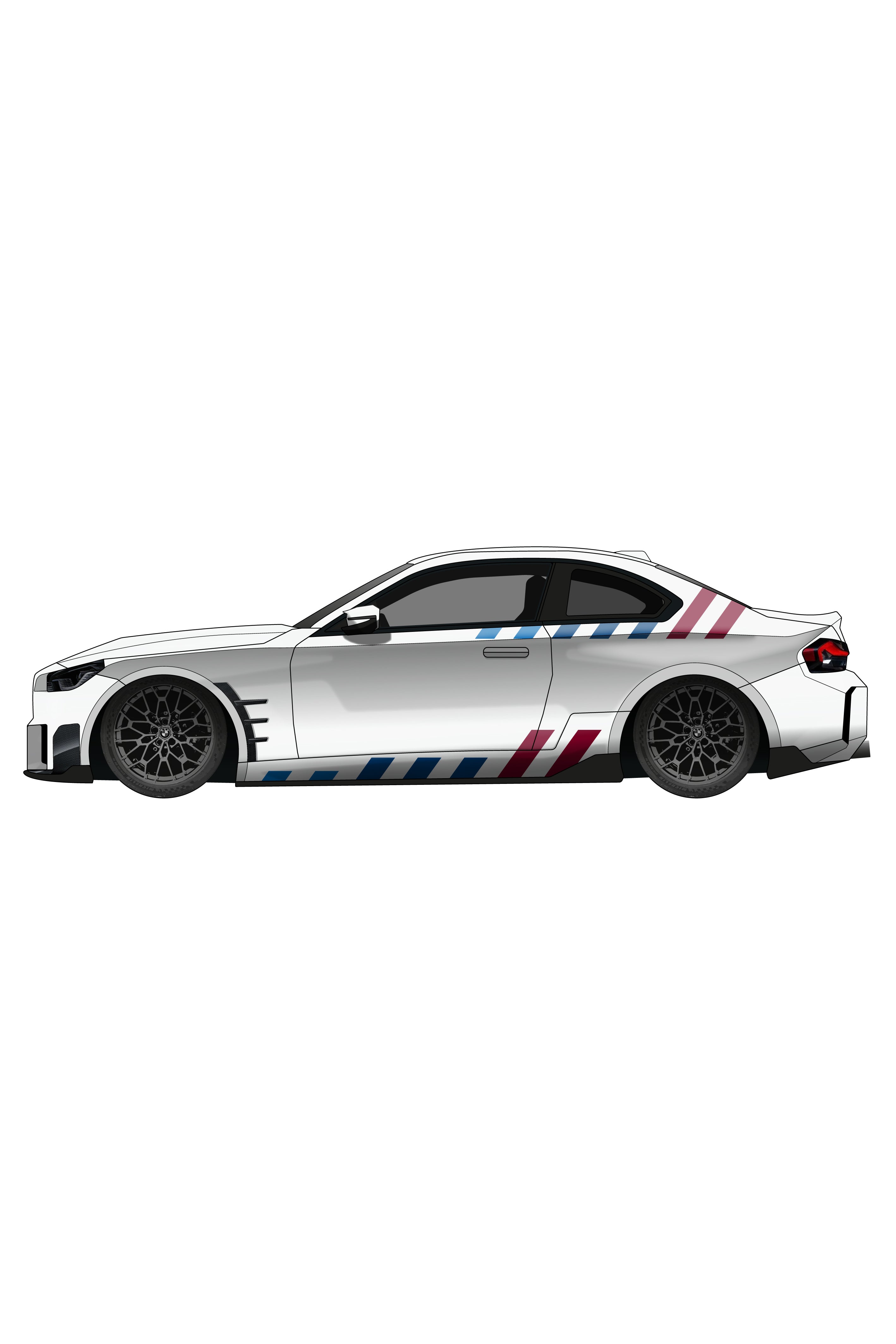 Render digital de la aplicación del Kit de Vinilo Franjas BMW Performance Stripes en el lateral del vehículo. Esta simulación visual ayuda a los clientes a imaginar el look M en su coche antes de comprar el vinilo adhesivo.