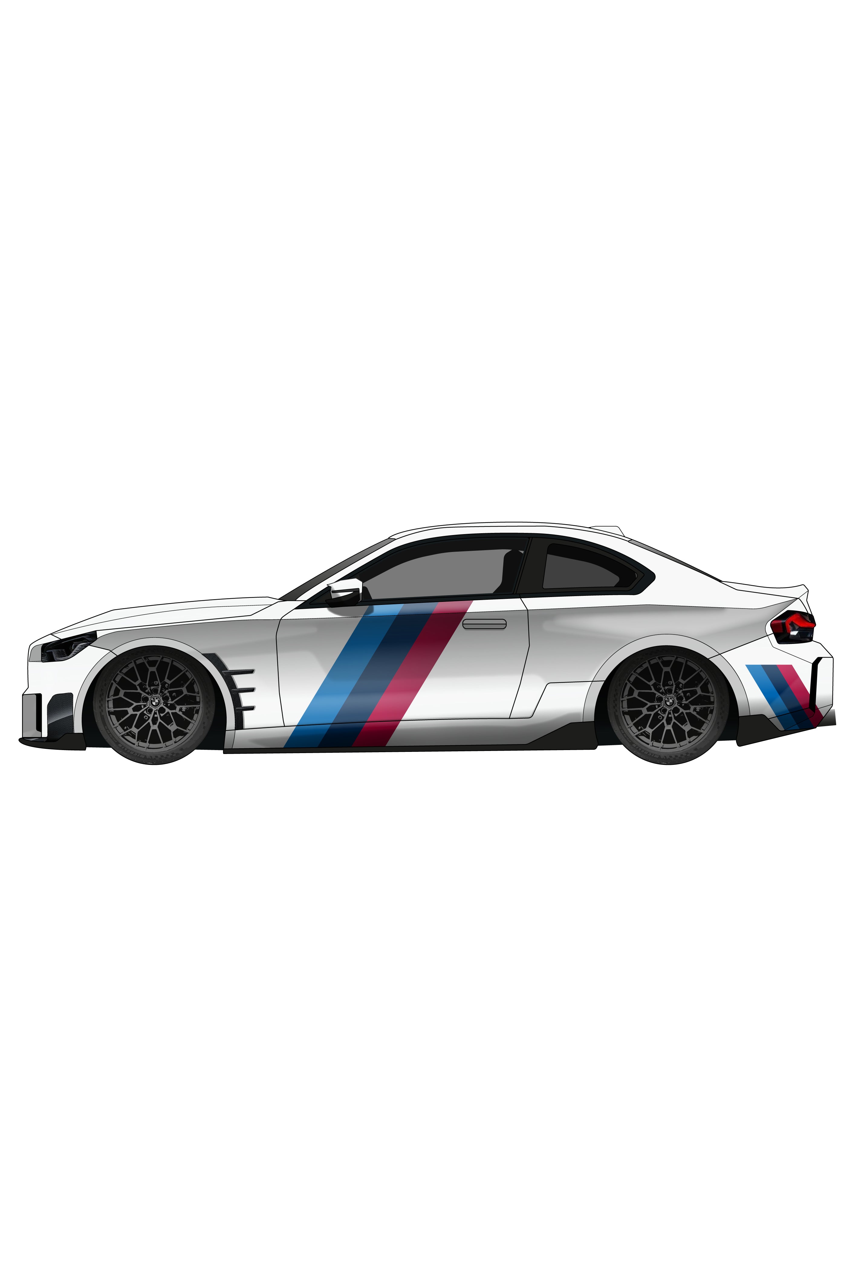 Render digital de la aplicación del Kit de Vinilo Líneas Onduladas Racing Waves en el lateral de un BMW. Esta simulación visual ayuda al cliente a evaluar el diseño dinámico antes de realizar la compra del vinilo adhesivo.