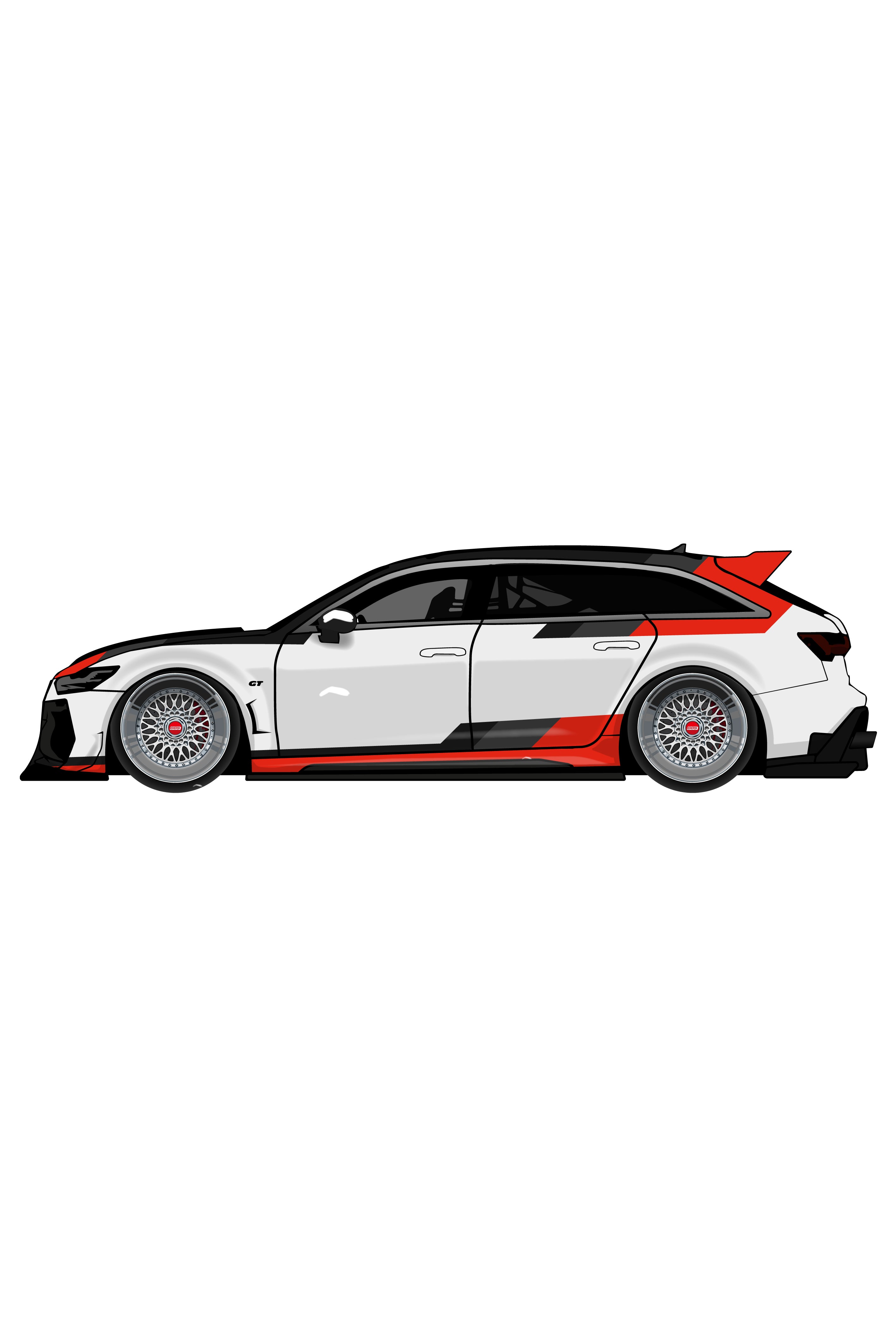 Render digital del kit de vinilo aplicado en el Audi RS 6 Avant GT. Ilustración estilizada de la librea de competición sobre el coche.