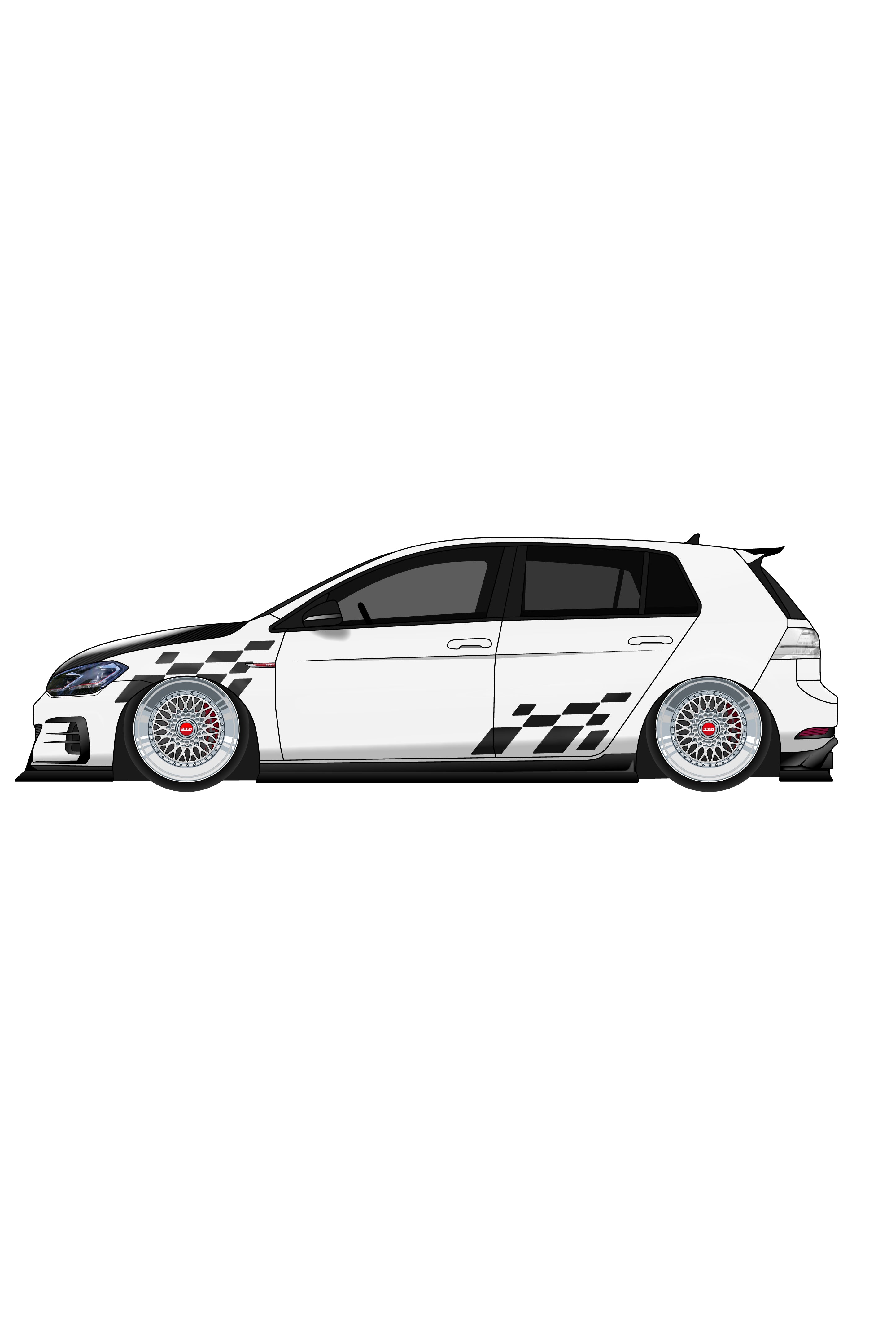 Render digital del kit de vinilo Checker Flag Doble Racing aplicado en un coche deportivo. Ilustración estilizada con doble franja de cuadros de carrera.