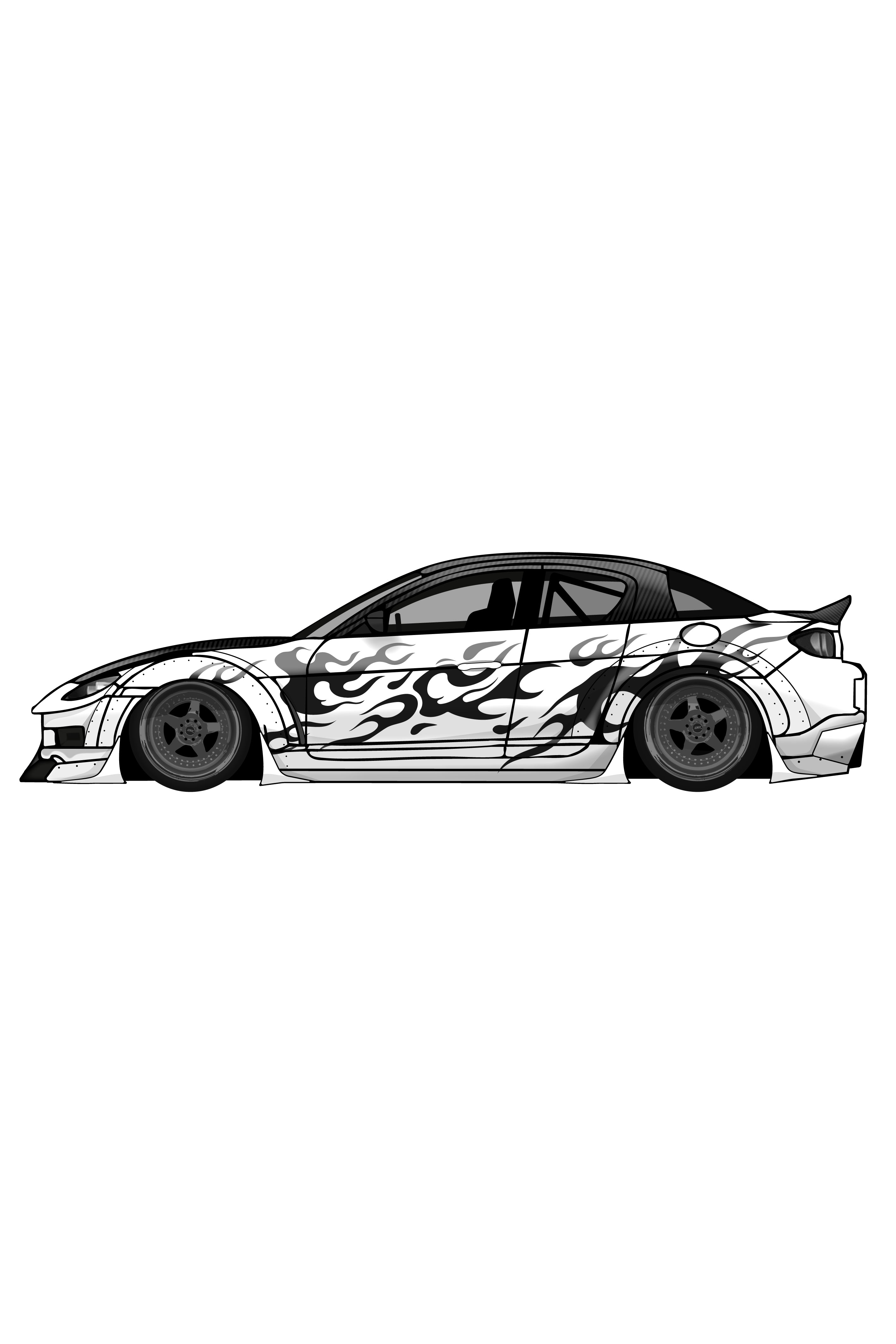 Render de diseño de vinilo Japan Black Flames aplicado en lateral de coche. Ilustración digital de alta calidad con estilo de competición JDM.