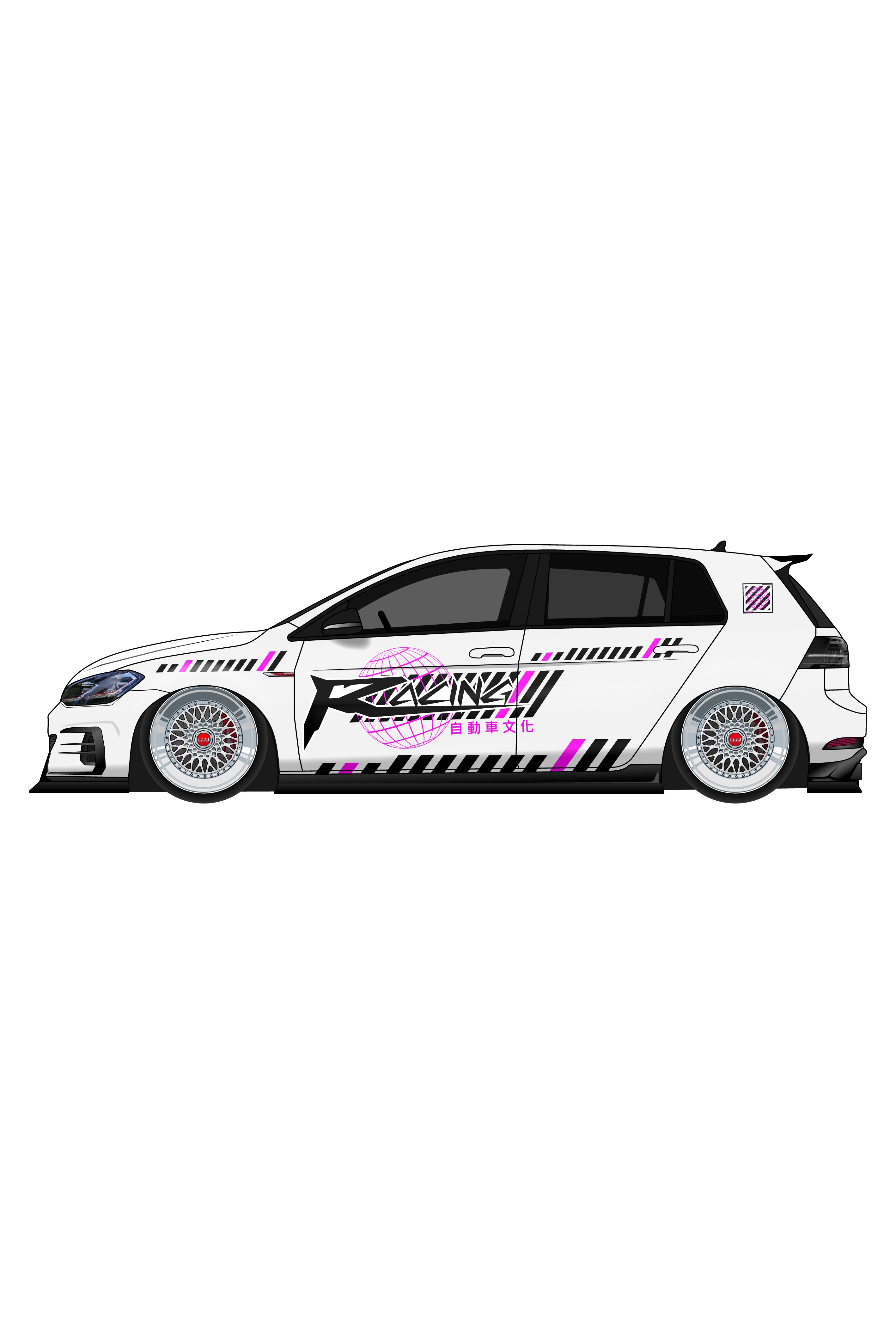 Render digital del kit de vinilo Japan Racing aplicado en un coche deportivo. Ilustración estilizada de la librea de estilo japonés.