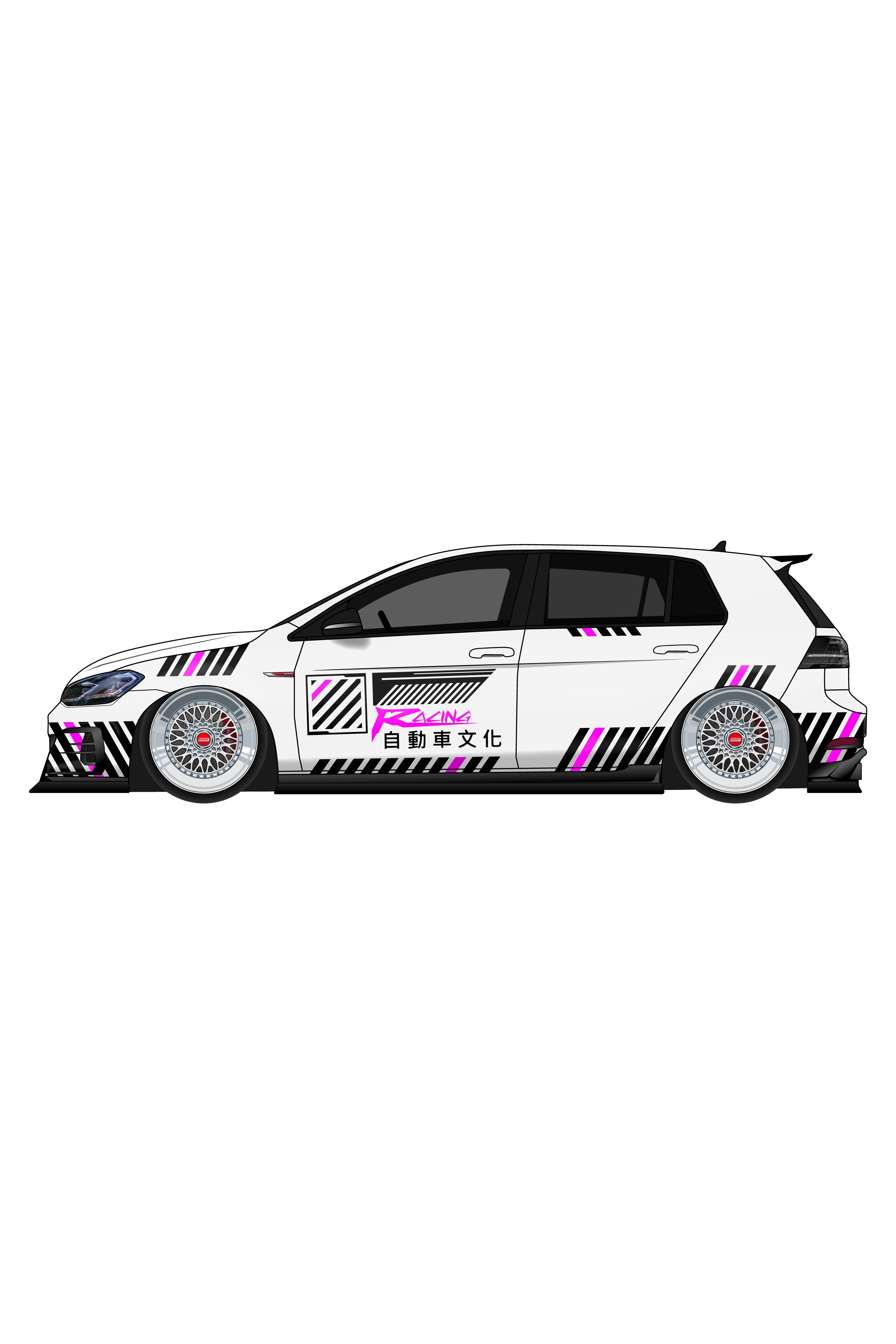 Render digital del kit de vinilo Japan Racing V2 aplicado en un coche deportivo. Ilustración estilizada de la librea de drift y tuning japonés.