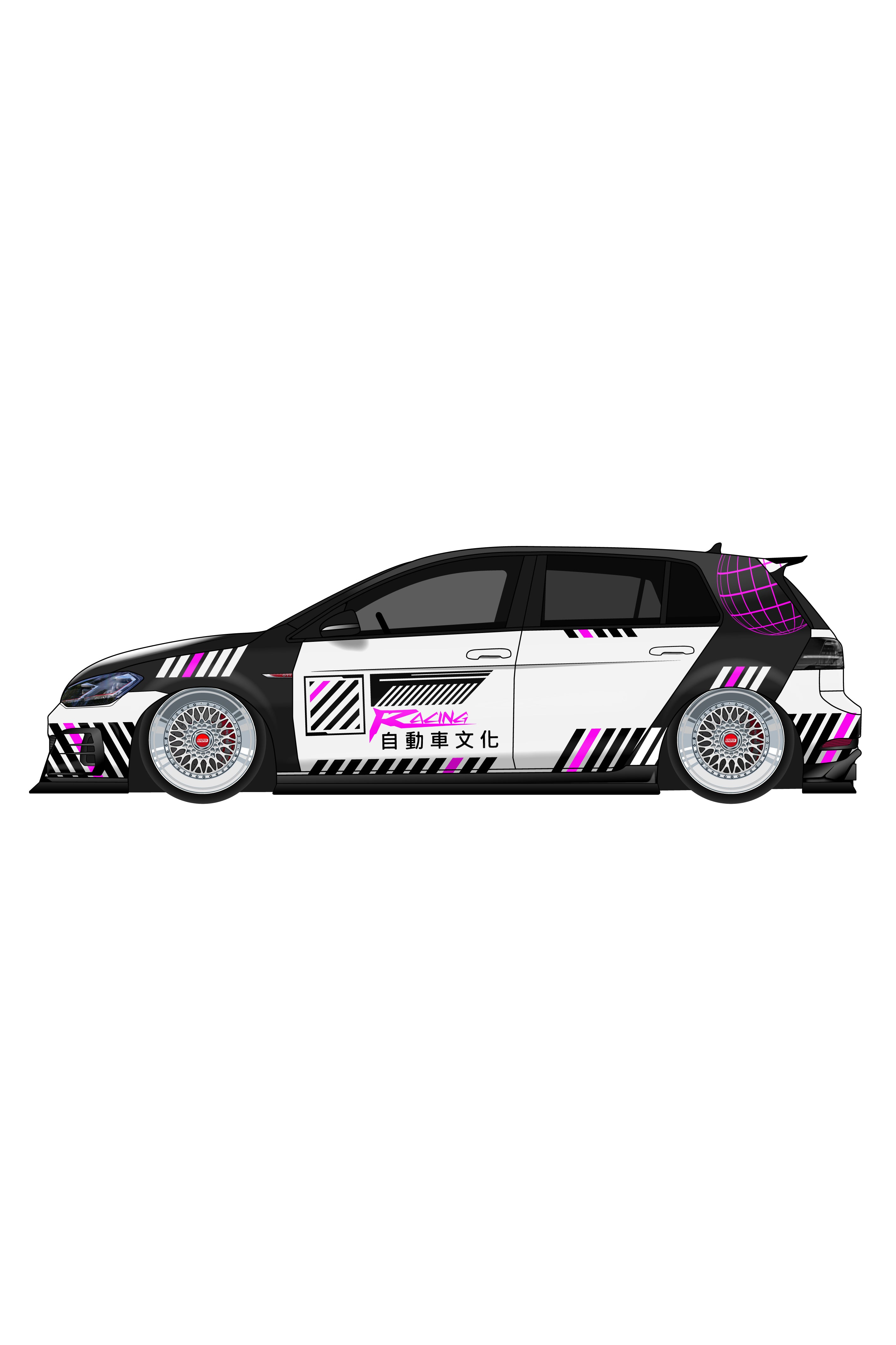 Render digital del kit de vinilo Japan Racing Widebody aplicado en un coche. Ilustración de librea JDM para carrocerías con aletas ensanchadas.