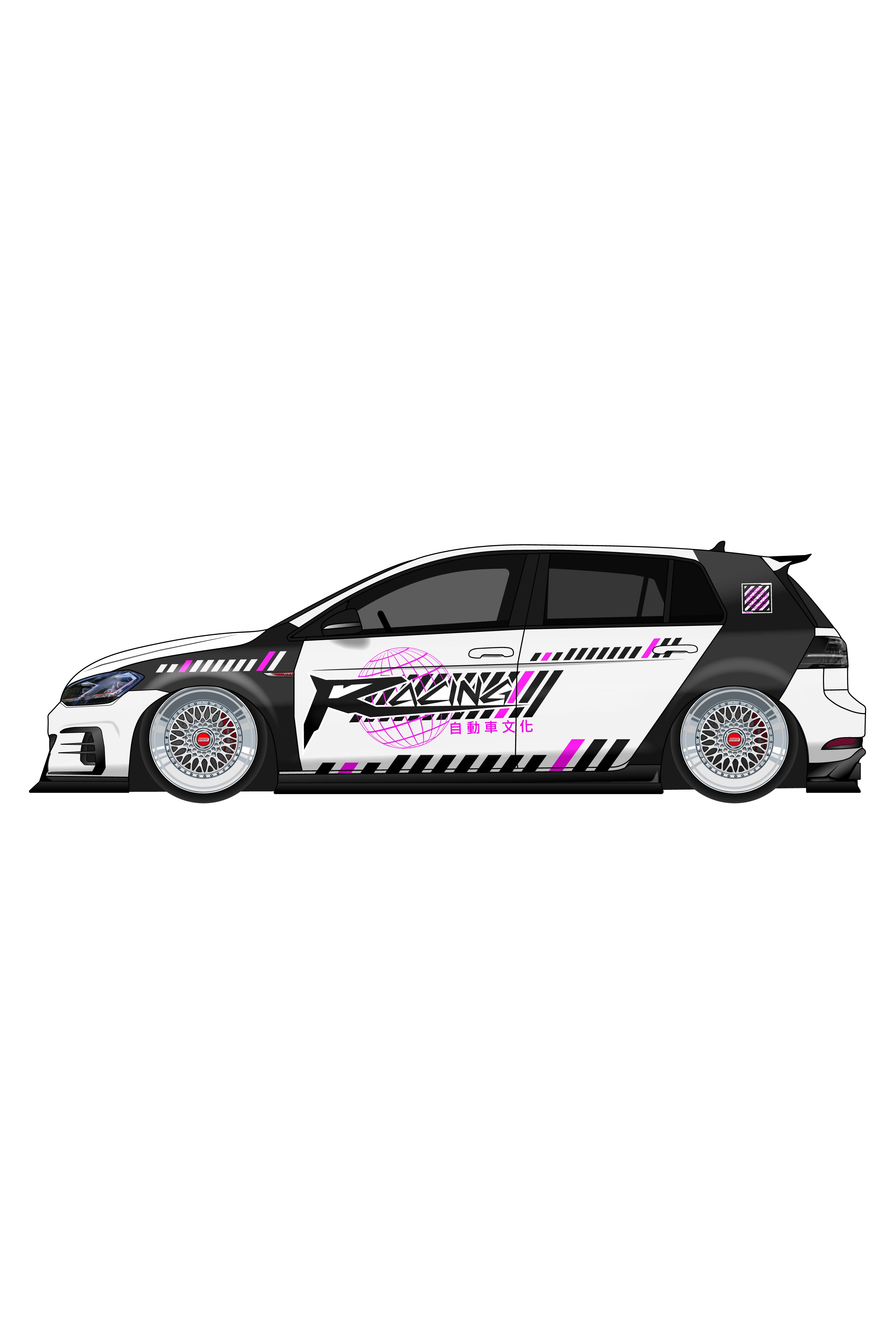 Render digital del kit de vinilo Japan Racing Widebody V2 aplicado en un coche. Ilustración de librea JDM para carrocerías con aletas ensanchadas, versión 2.