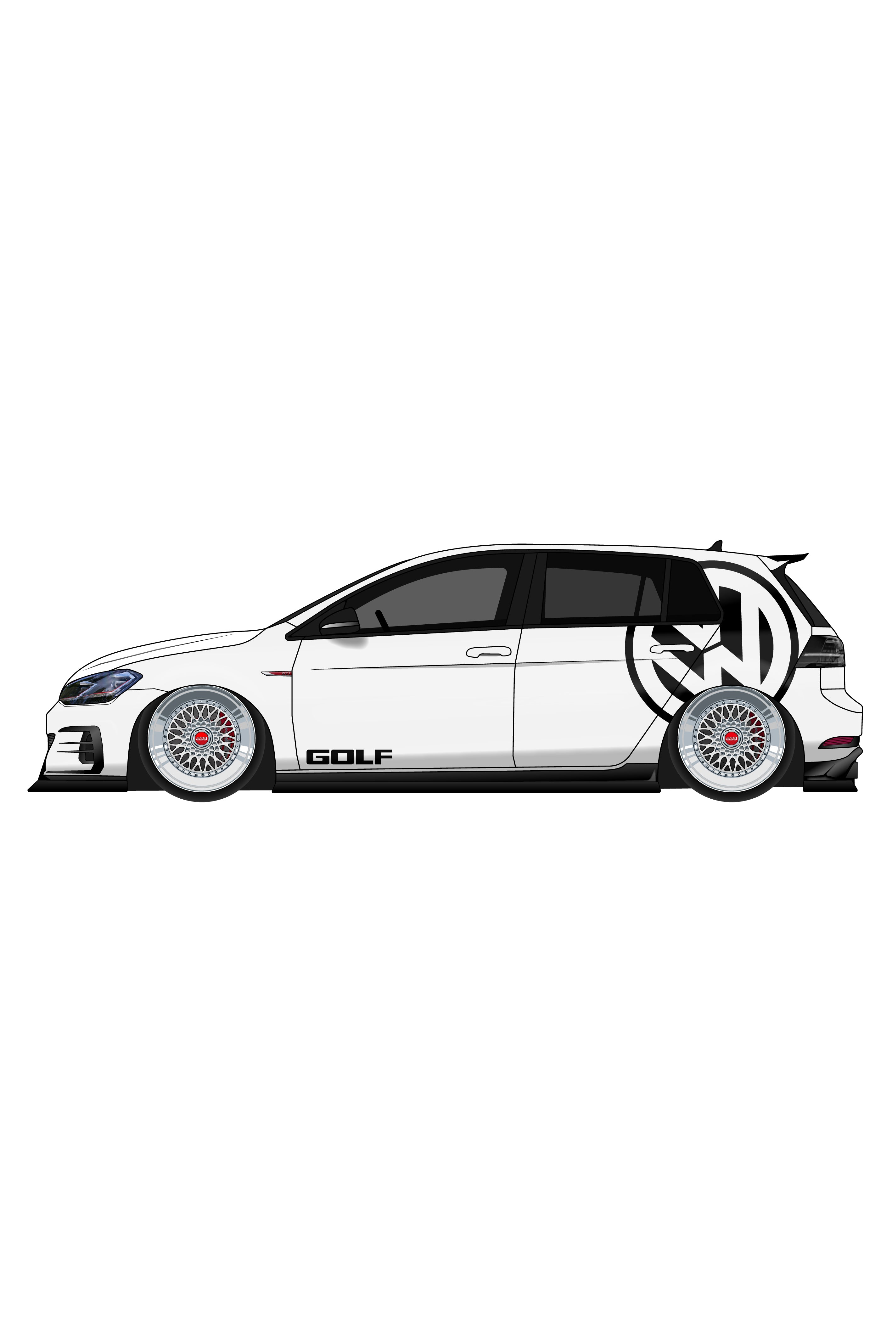 Render digital del vinilo de logotipo Golf Mini aplicado en una zona discreta de la carrocería del coche. Ilustración limpia y detallada.