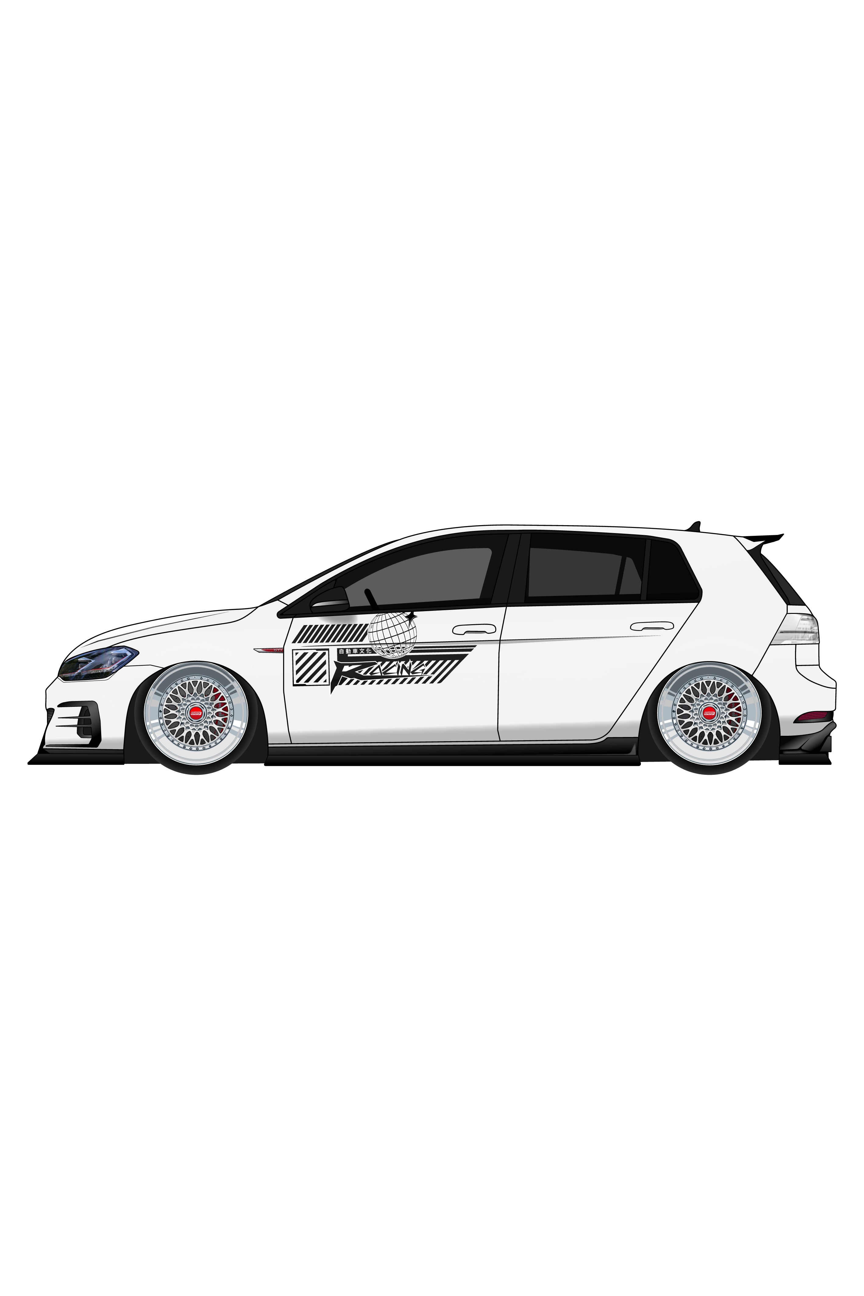 Render digital del kit de vinilo Racing Style aplicado en un coche. Ilustración estilizada de la librea de competición universal.