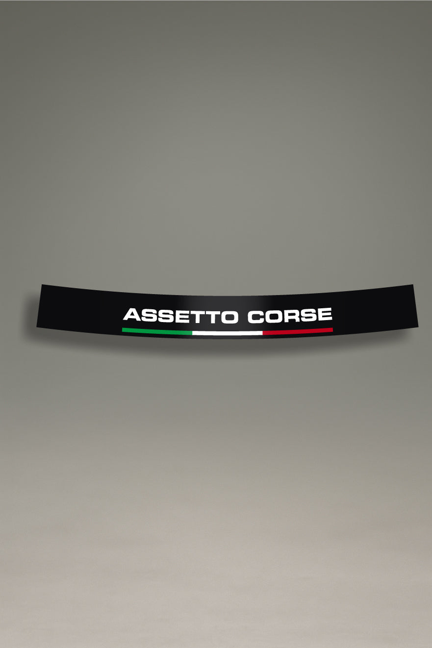 Parasol negro para parabrisas, logo Assetto Corsa blanco y bandera Italia, estilo racing para personalización y tuning de MOA-Grafics.