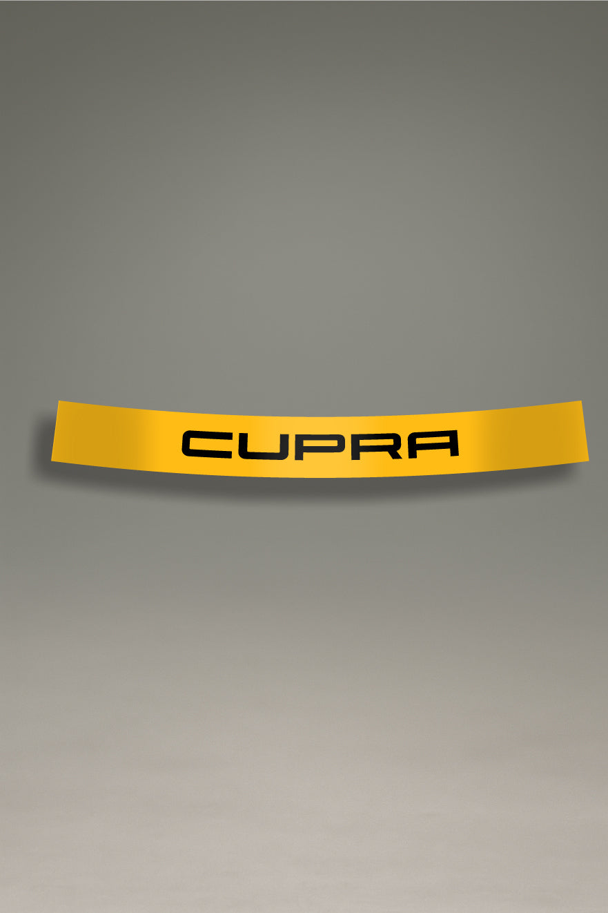 Parasol amarillo para parabrisas con logo Cupra en negro, un diseño de estilo racing para personalización y tuning de MOA-Grafics.