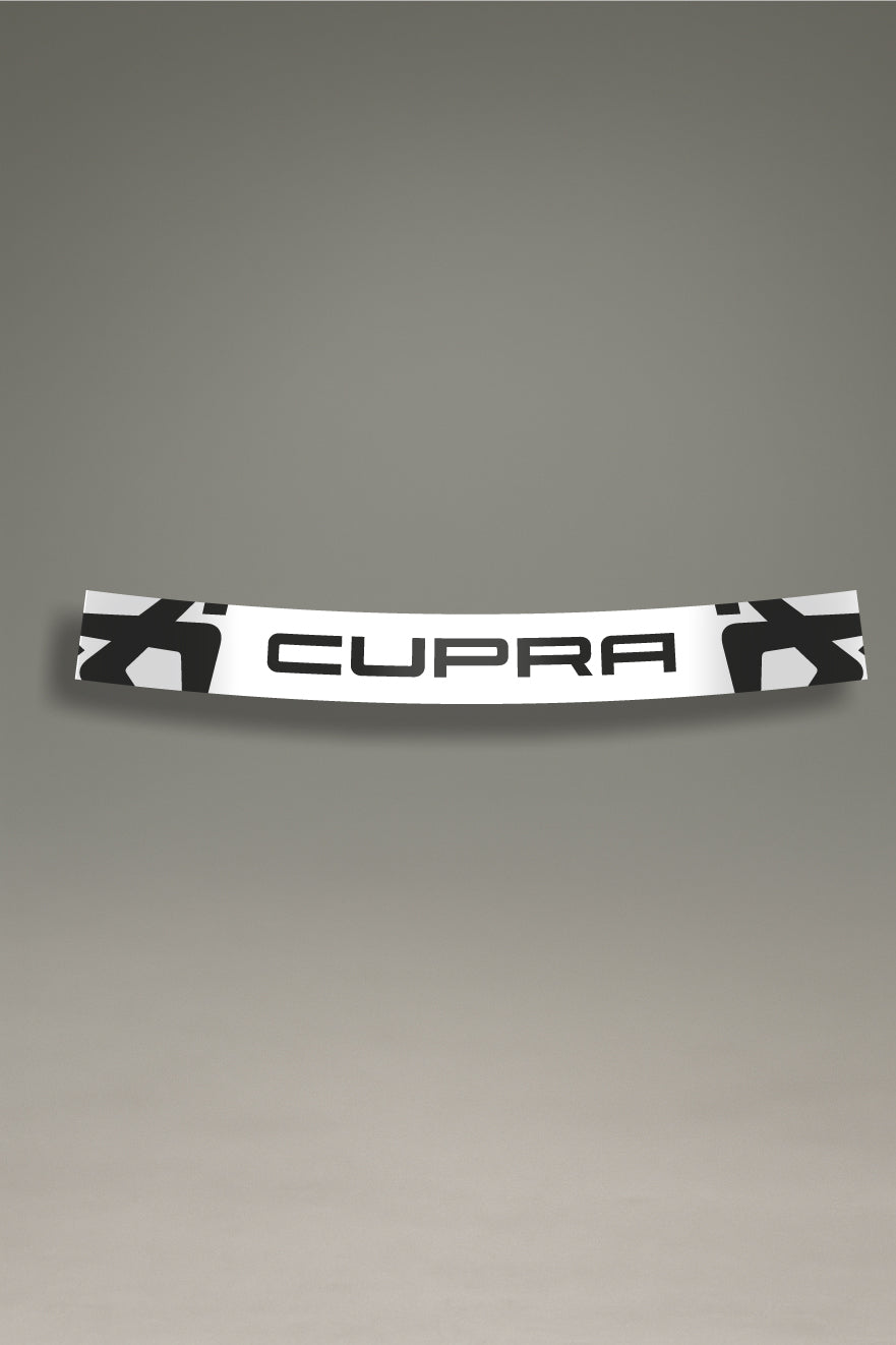Parasol blanco para parabrisas con logos de Cupra en negro, una pieza de estilo racing para la personalización y tuning de MOA-Grafics.