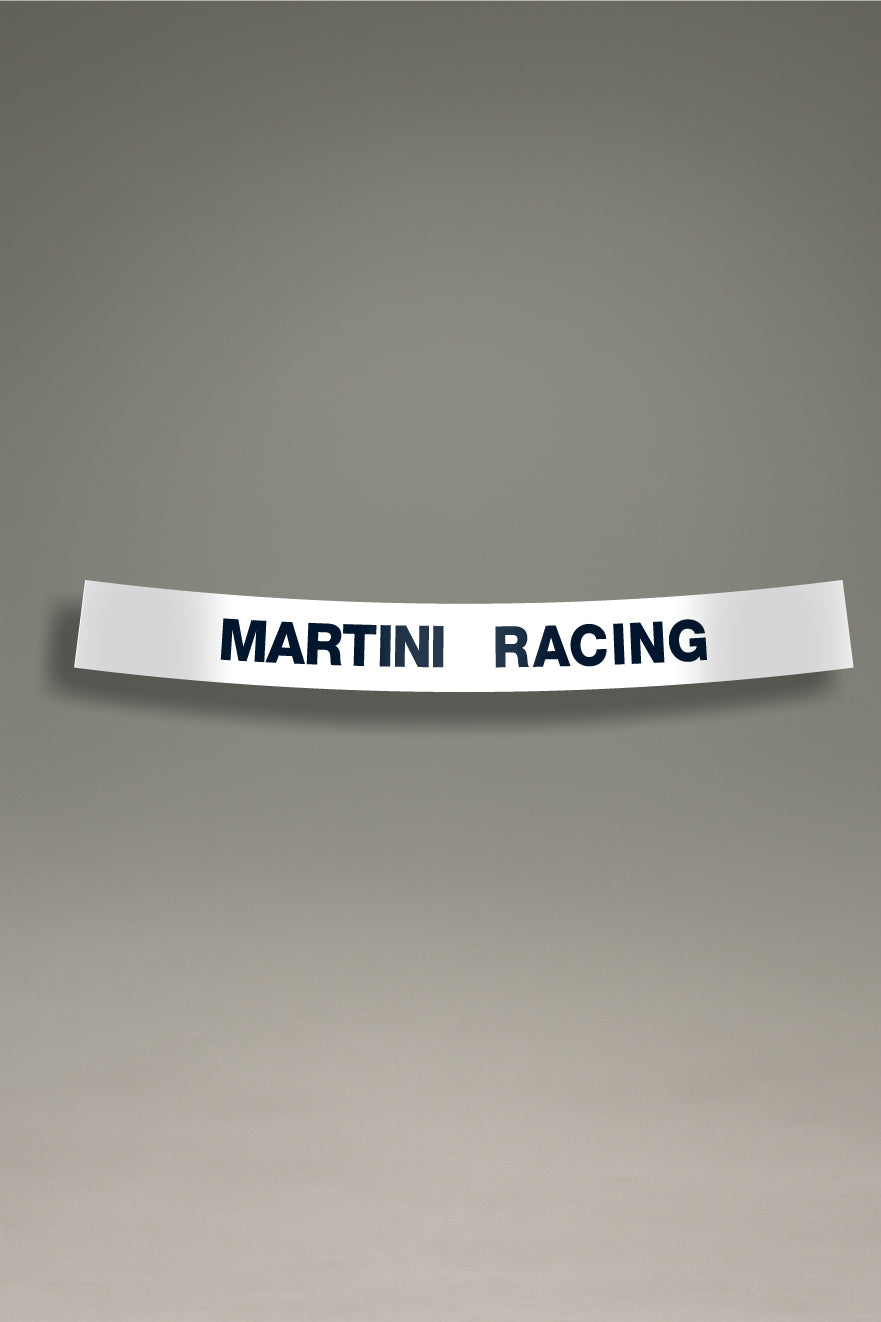 Vinilo parasol blanco para parabrisas con el logo "Martini Racing" en azul, estilo retro para tuning y personalización de MOA-Grafics.