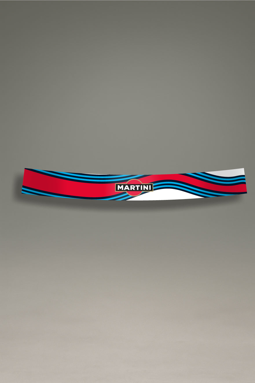 Vinilo parasol para parabrisas Martini Racing rojo con franjas azules, estilo retro para tuning y personalización de MOA-Grafics.