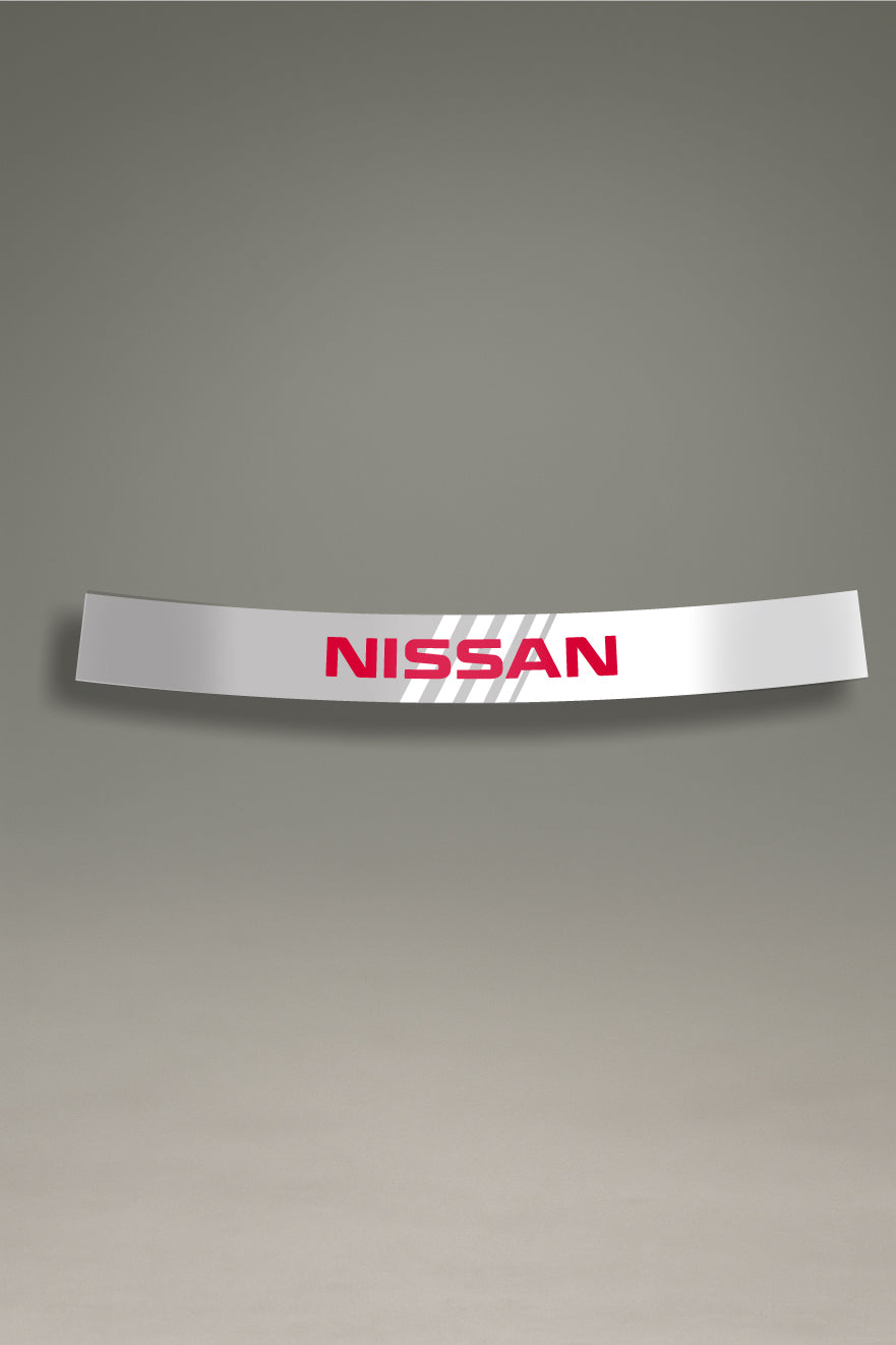Parasol blanco para parabrisas con logo Nissan y franjas grises, estilo JDM para personalización y tuning de MOA-Grafics.