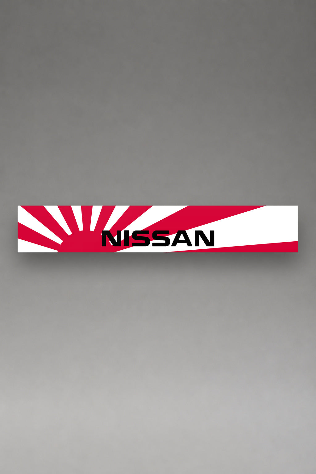 Parasol de vinilo Nissan blanco con las lineas de velocidad en rojo, la tira entera vista de frente, de MOA-Grafics.