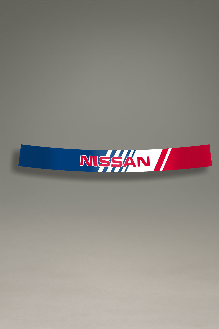 Parasol para parabrisas con diseño Nissan tricolor y logo invertido, estilo JDM para personalización y tuning de MOA-Grafics.