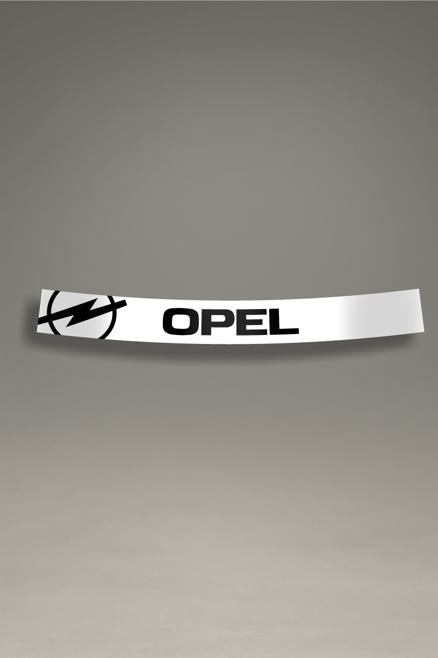 Vinilo parasol blanco para parabrisas con el logo moderno de Opel en negro, un accesorio de estilo retro para tuning de coches de MOA-Grafics.