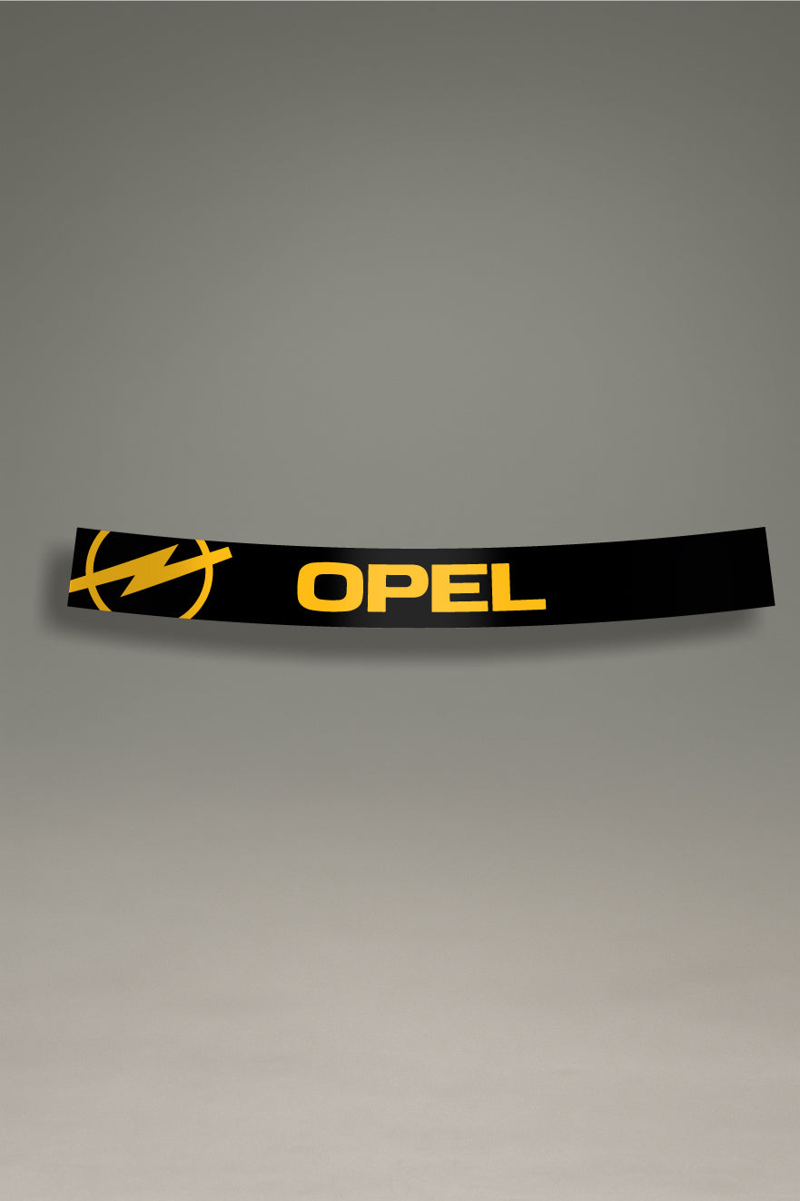 Parasol negro para parabrisas con el logo moderno de Opel en amarillo, un diseño de estilo retro para personalización de coches de MOA-Grafics.