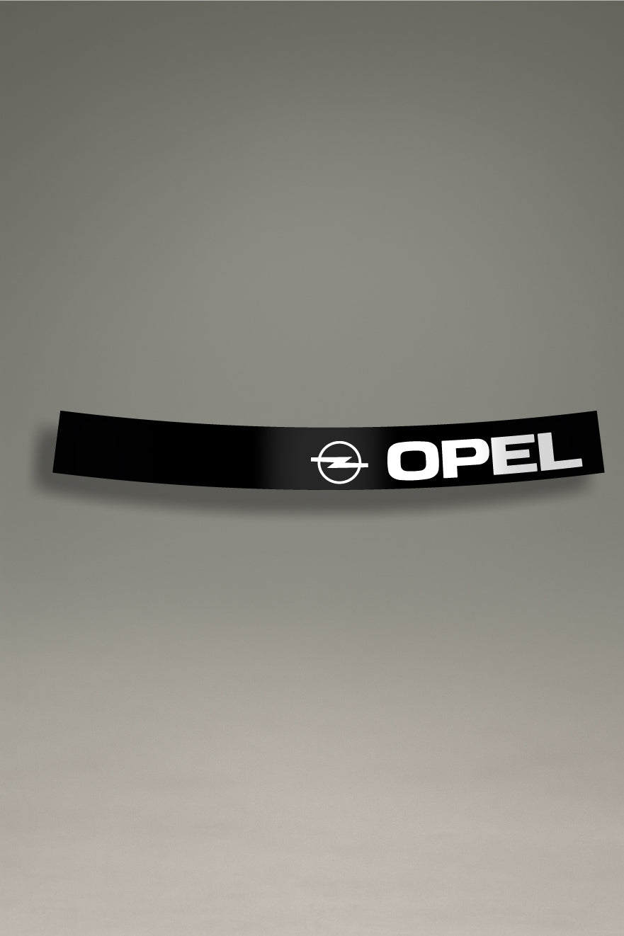 Parasol negro para parabrisas con el logo retro de Opel en blanco, un diseño de estilo clásico para personalización de coches de MOA-Grafics.