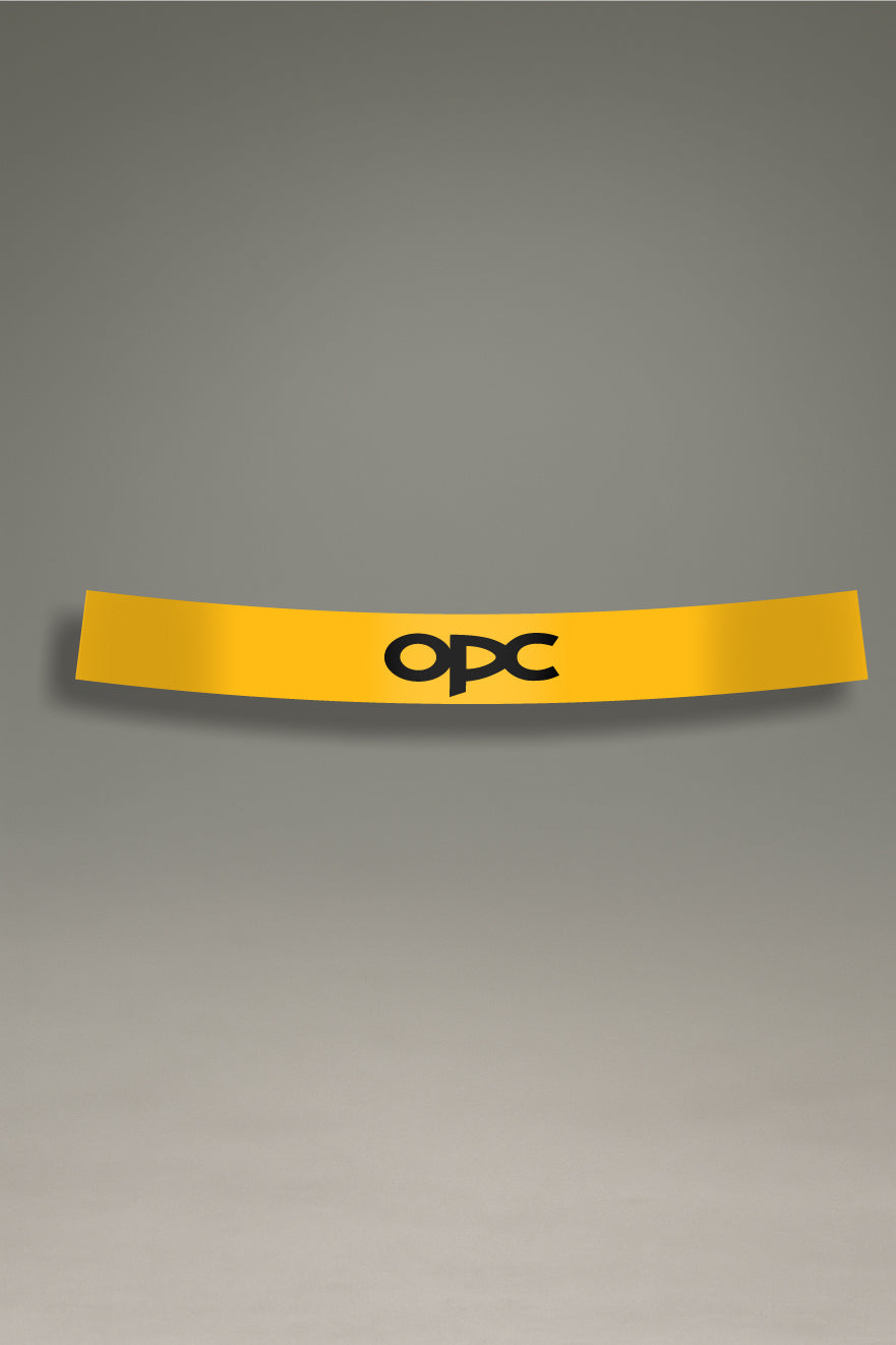 Parasol amarillo para parabrisas con el logo OPC de Opel en negro, una pieza de estilo racing para la personalización y tuning de MOA-Grafics.