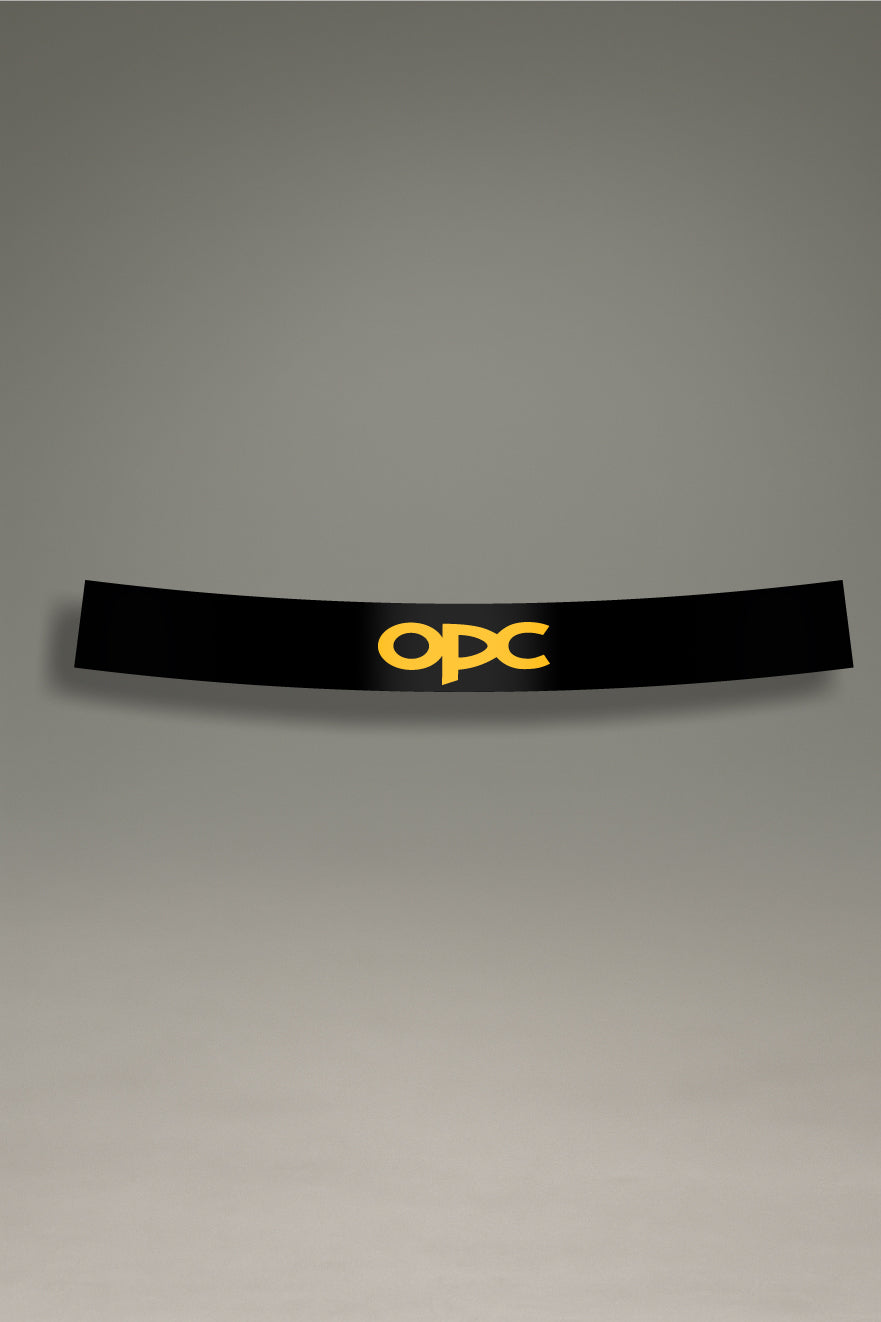 Vinilo parasol negro para parabrisas con el logo OPC de Opel en amarillo, un diseño de estilo racing para tuning de coches de MOA-Grafics.