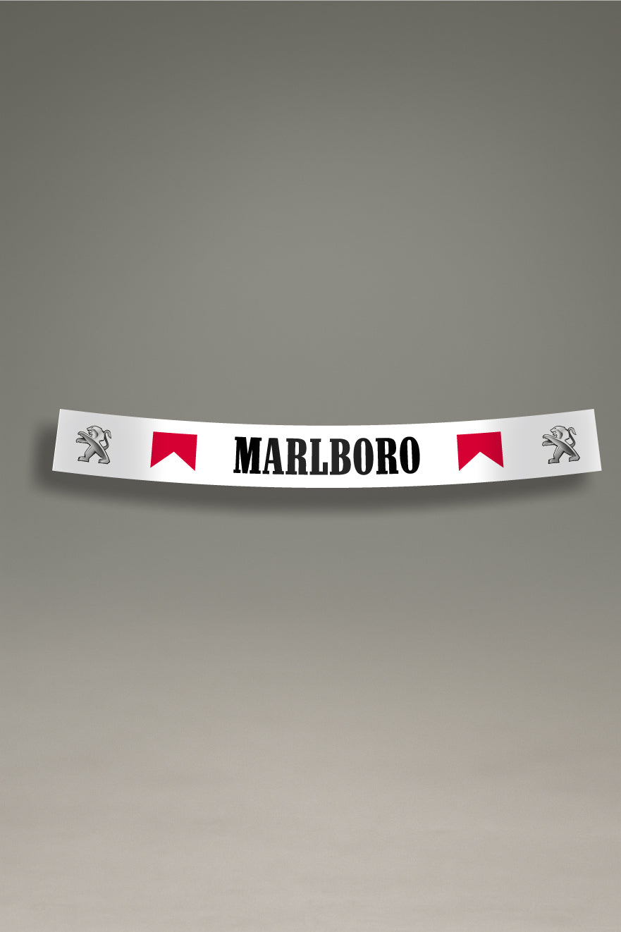 Parasol blanco para parabrisas con logos de Peugeot y Marlboro en rojo, un accesorio de estilo retro para tuning de MOA-Grafics.