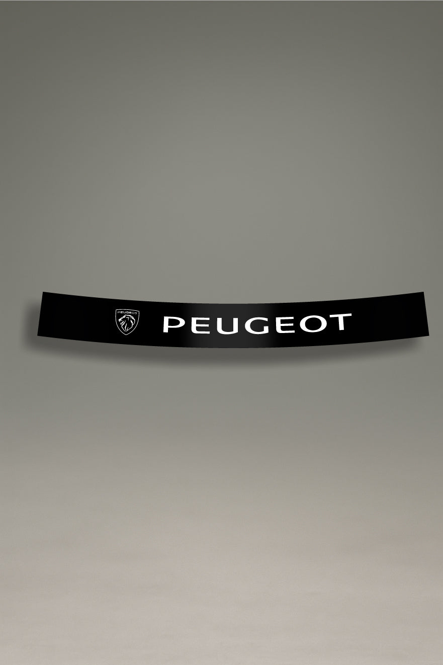 Parasol negro para parabrisas con el nuevo logo de Peugeot en blanco, un accesorio de estilo racing para personalización de coches de MOA-Grafics.