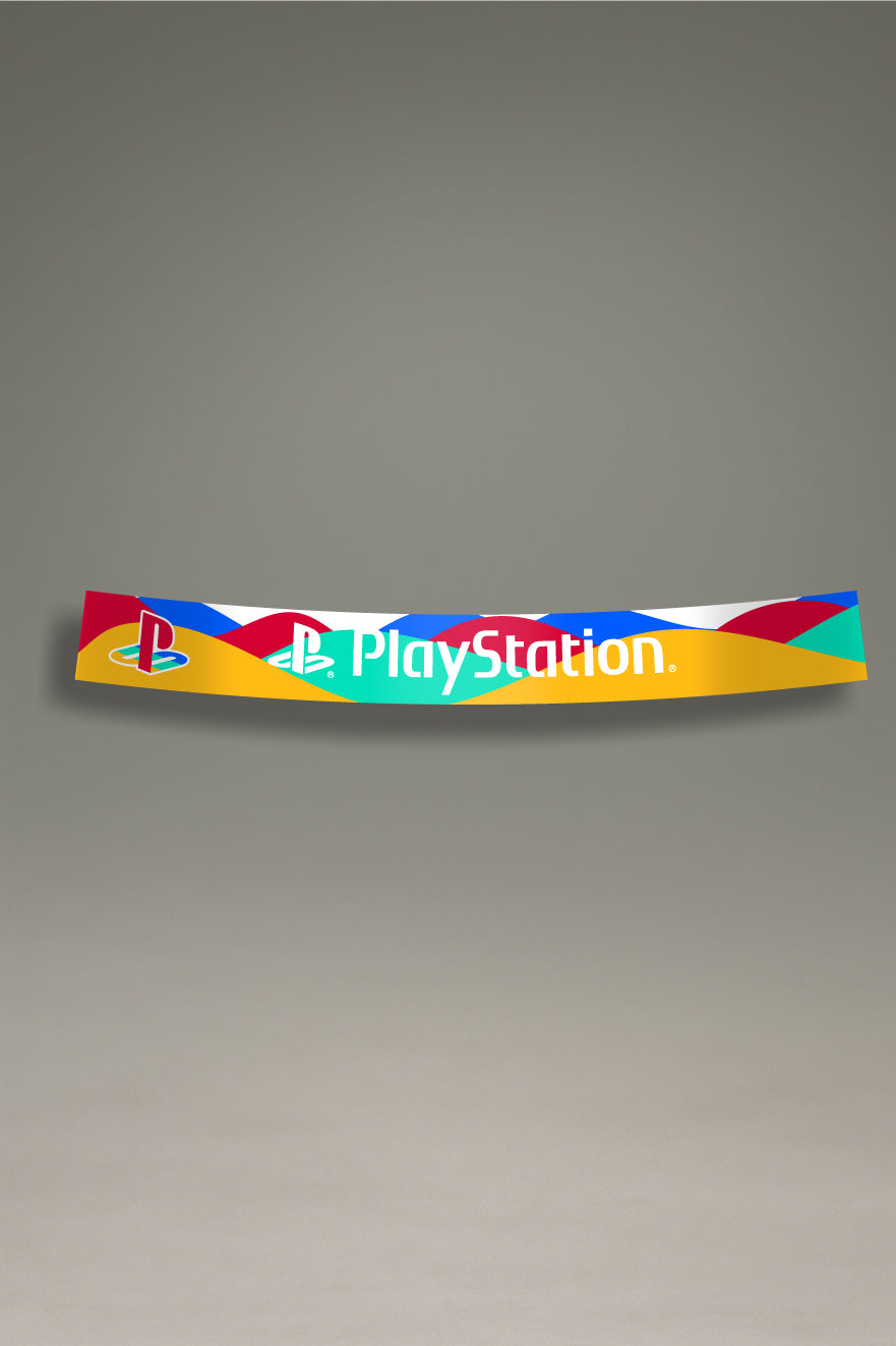 Parasol para parabrisas con logo PlayStation a color y fondo abstracto, estilo retro para personalización y tuning de MOA-Grafics.
