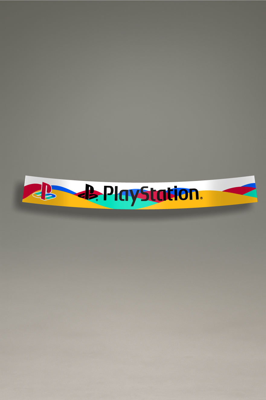 Parasol para parabrisas con logo PlayStation en negro sobre fondo abstracto, estilo retro para personalización y tuning de MOA-Grafics.