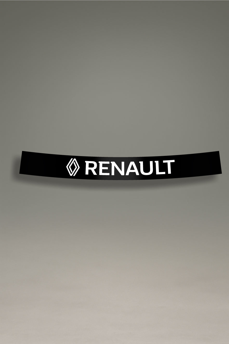 Parasol negro para parabrisas con el logo retro de Renault en blanco, un diseño de estilo clásico para personalización de coches de MOA-Grafics.