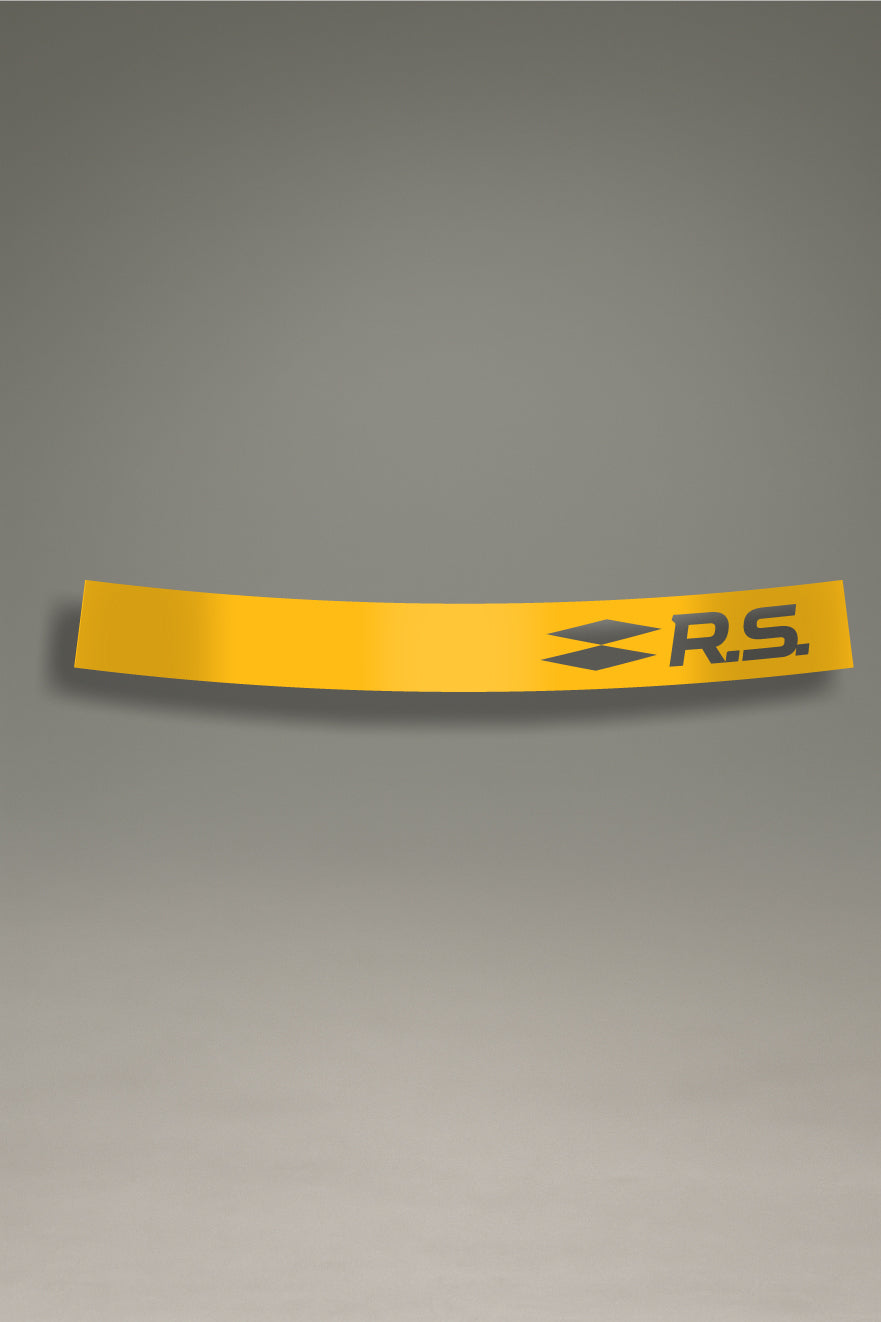 Vinilo parasol amarillo para parabrisas con el logo RS de Renault en gris, un diseño de estilo racing para tuning de coches de MOA-Grafics.