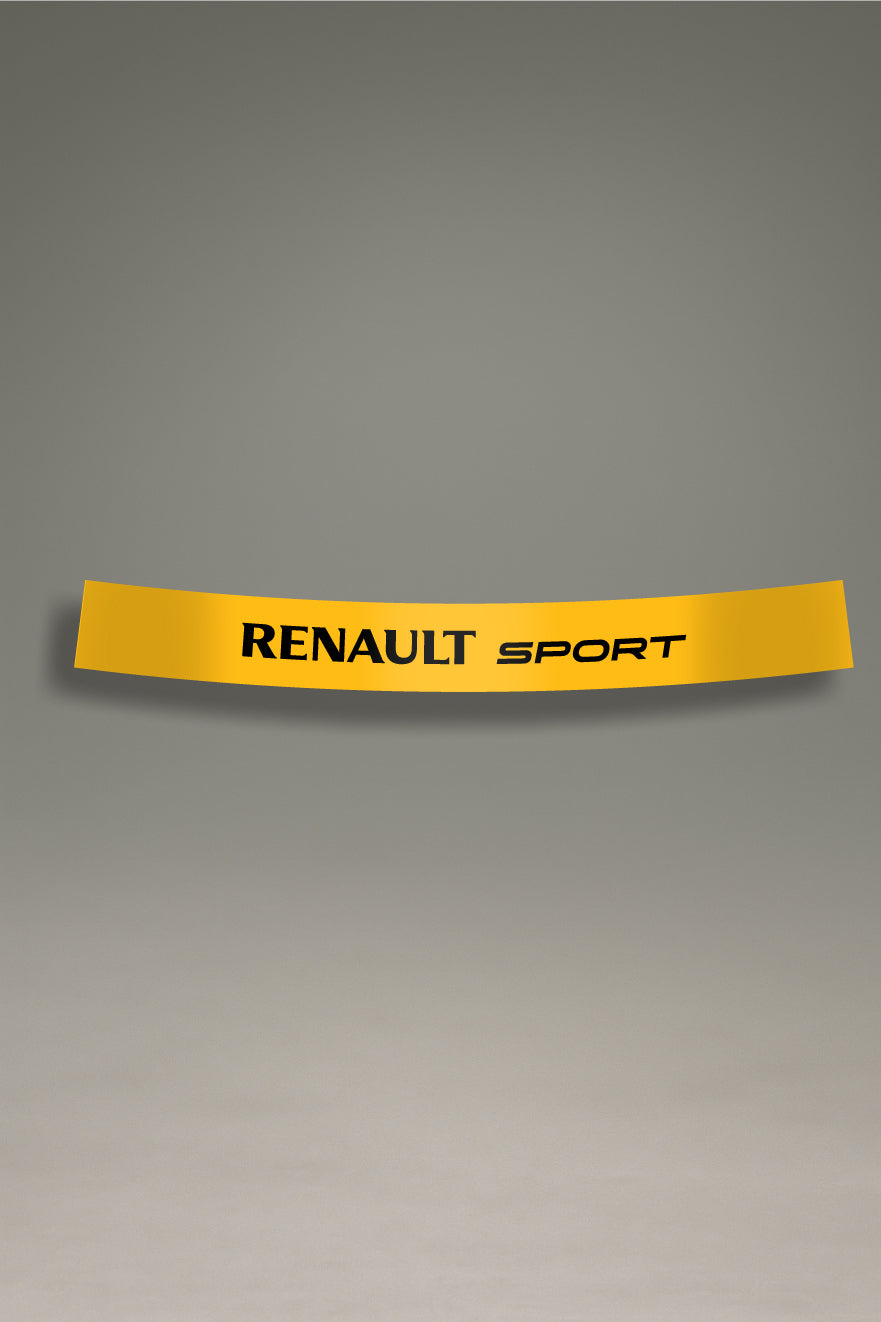 Vinilo parasol amarillo para parabrisas con el logo de Renault Sport en negro, un diseño de estilo racing para tuning de coches de MOA-Grafics.