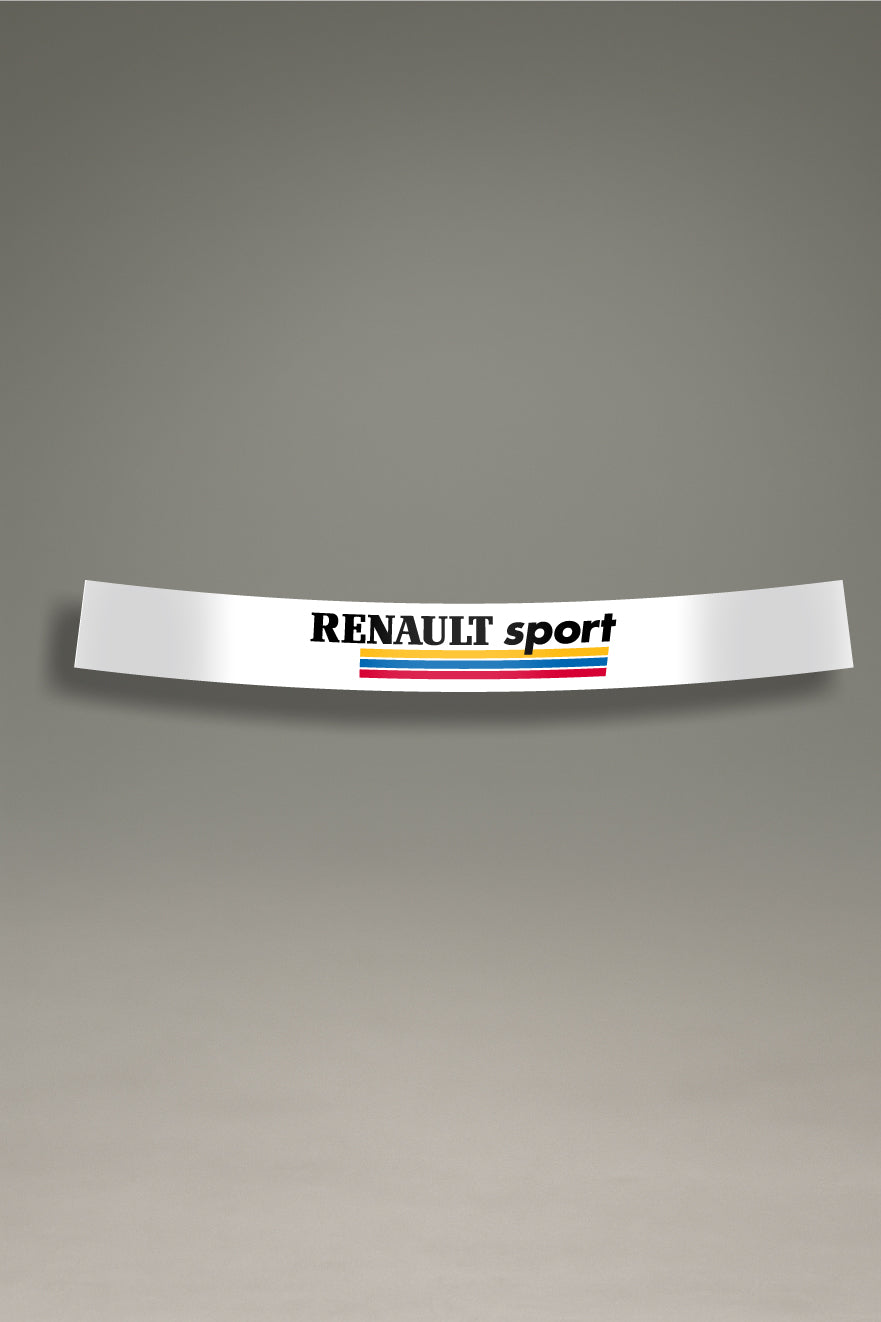 Parasol blanco para parabrisas con el logo clásico de Renault Sport, un diseño de estilo retro para personalización de coches de MOA-Grafics.