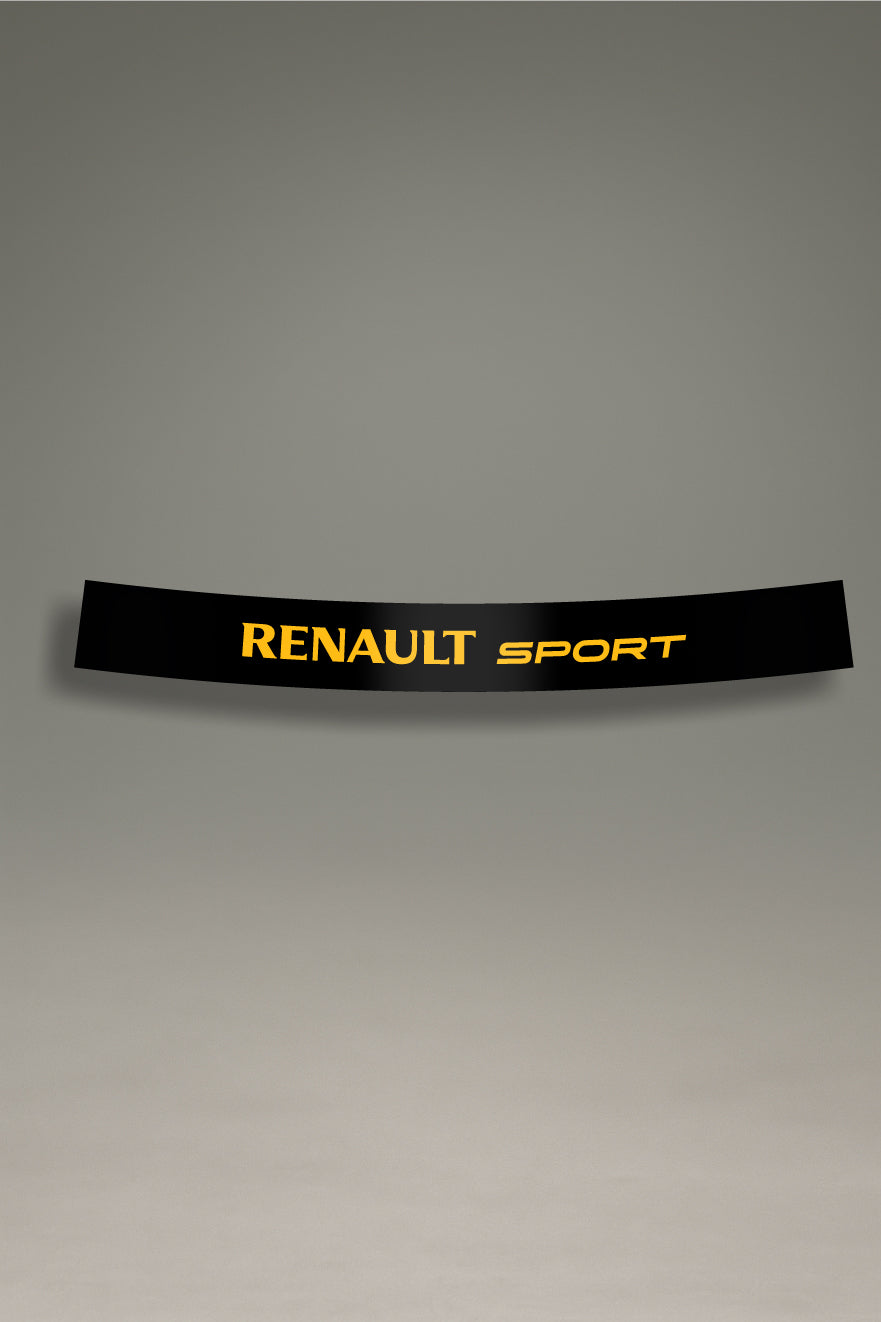 Parasol negro para parabrisas con el logo de Renault Sport en amarillo, un accesorio de estilo racing para personalización de coches de MOA-Grafics.