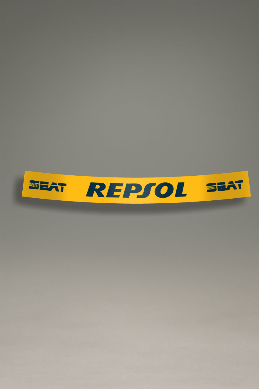 Vinilo parasol amarillo para parabrisas con los logos de SEAT y Repsol, un diseño de estilo racing para tuning de coches de MOA-Grafics.