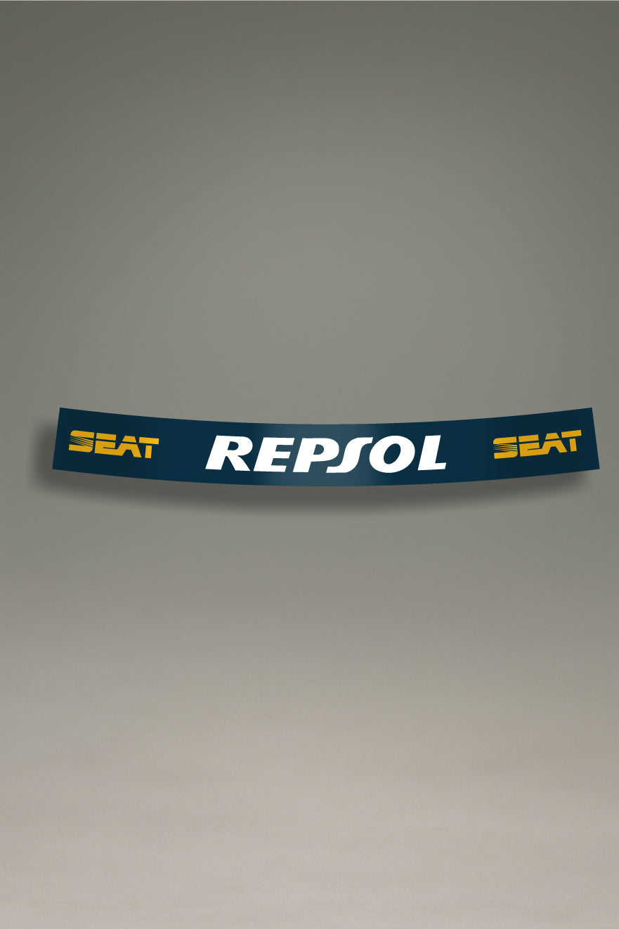 Parasol azul para parabrisas con los logos de SEAT y Repsol, un accesorio de estilo racing para personalización de coches de MOA-Grafics.