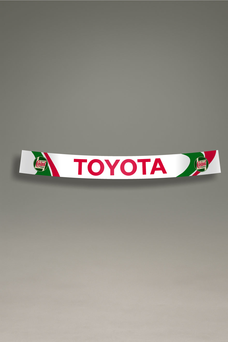 Parasol blanco para parabrisas con los logos de Toyota y Castrol, un diseño de estilo retro para personalización de coches de MOA-Grafics.