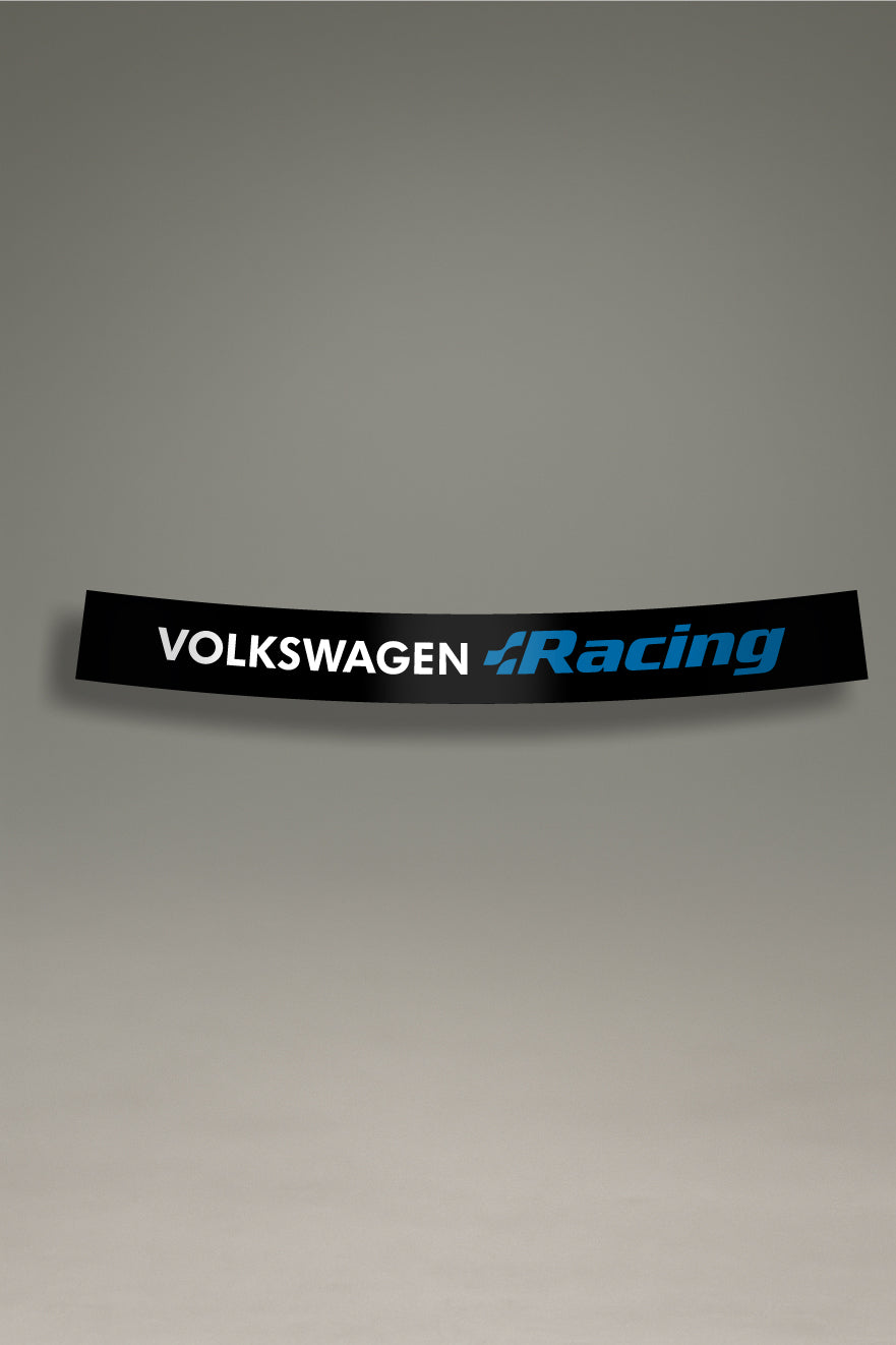 Parasol negro para parabrisas con el logo de Volkswagen Racing en azul, un diseño de estilo racing para personalización y tuning de MOA-Grafics.